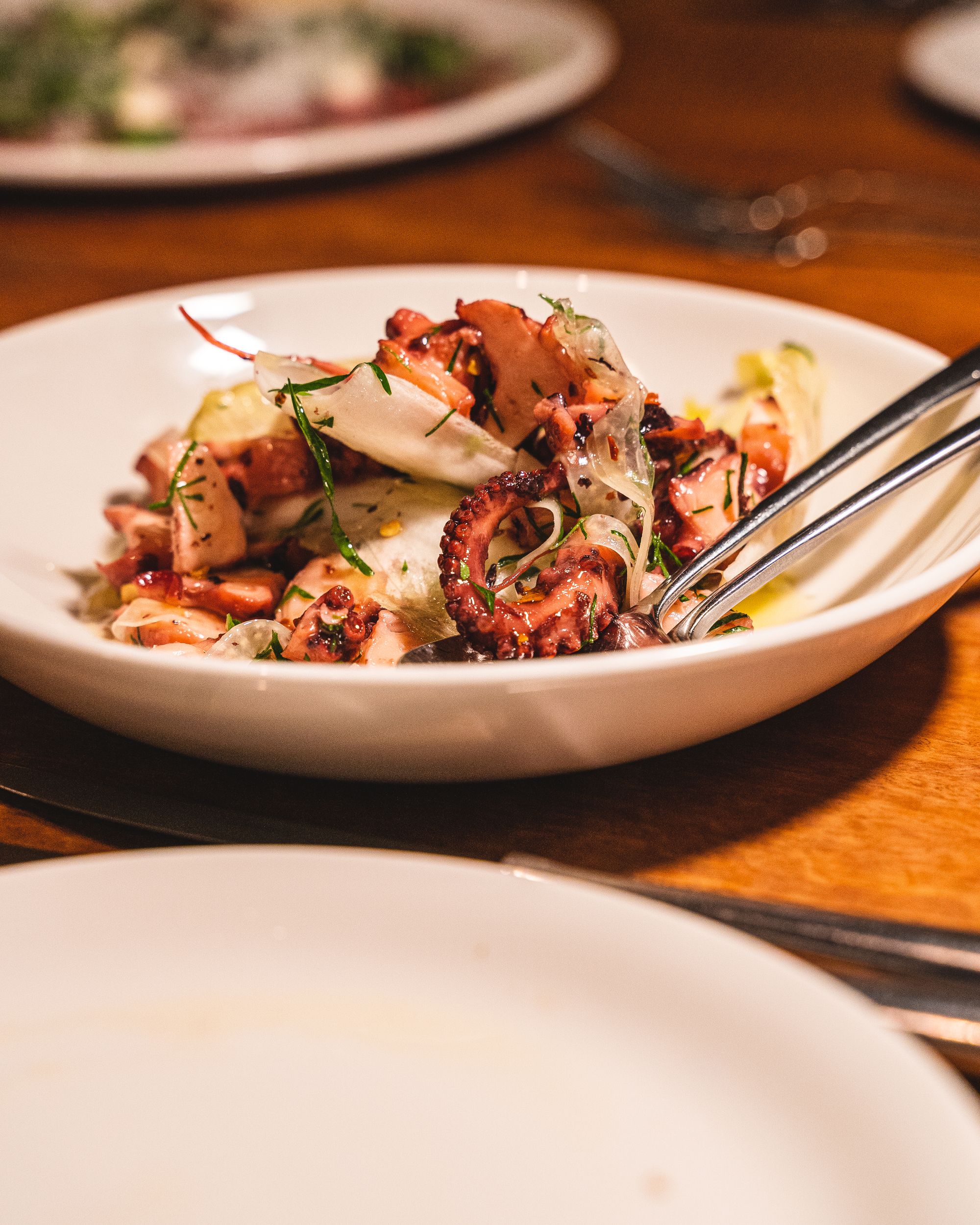 Close up of grilled octopus on plate