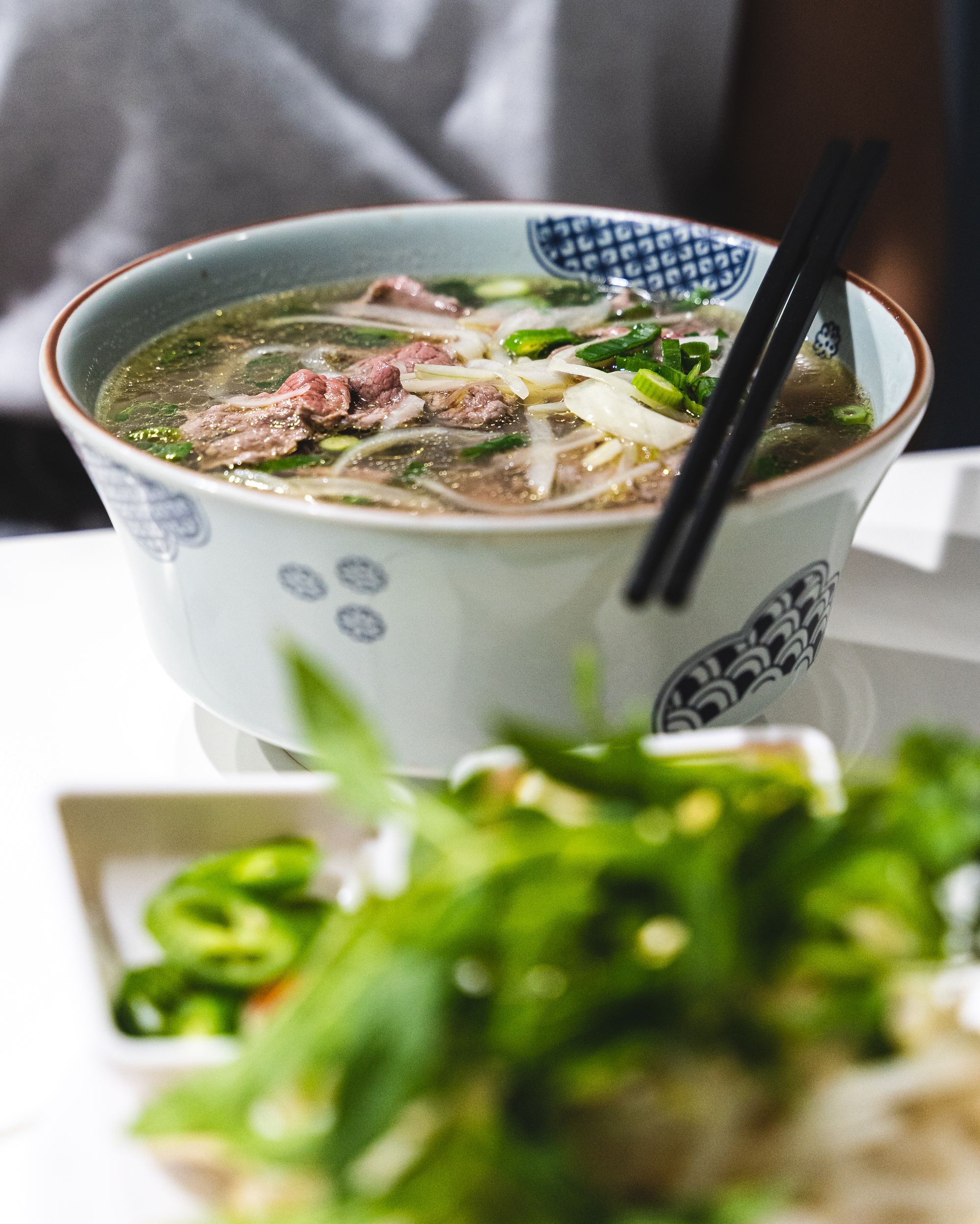 Close up of pho in a bowl