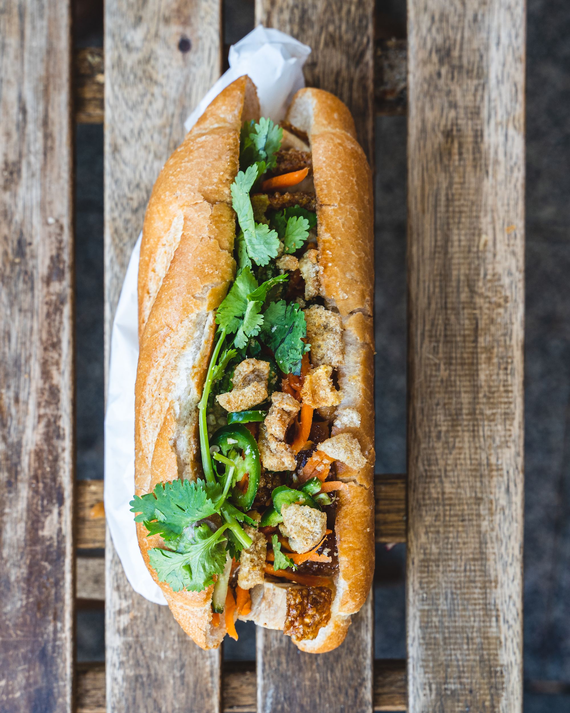 Top down shot of roast pork banh mi