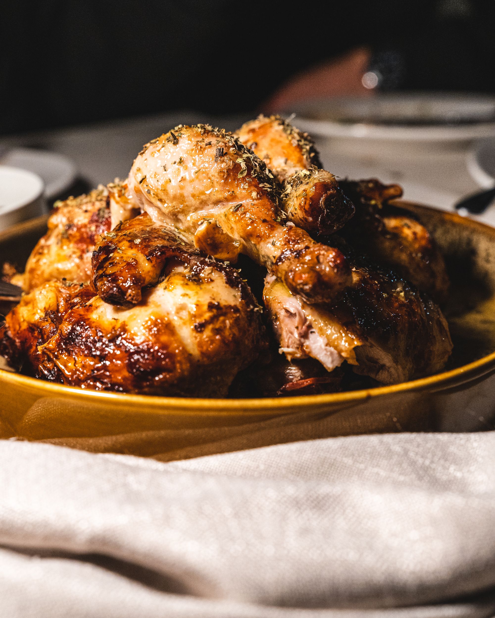 Close up of whole chicken, cut up