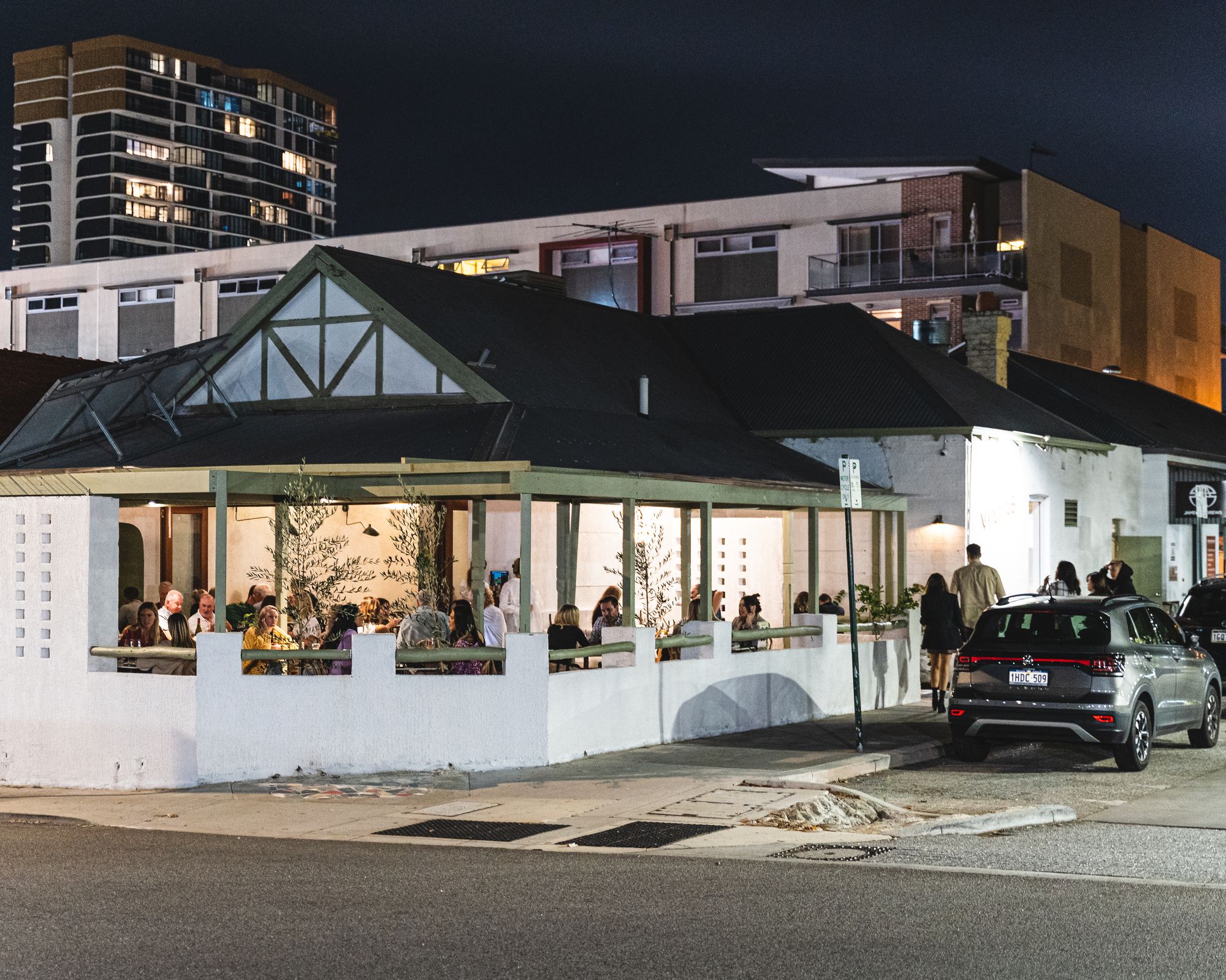 Exterior of Yiamas Greek Taverna at night