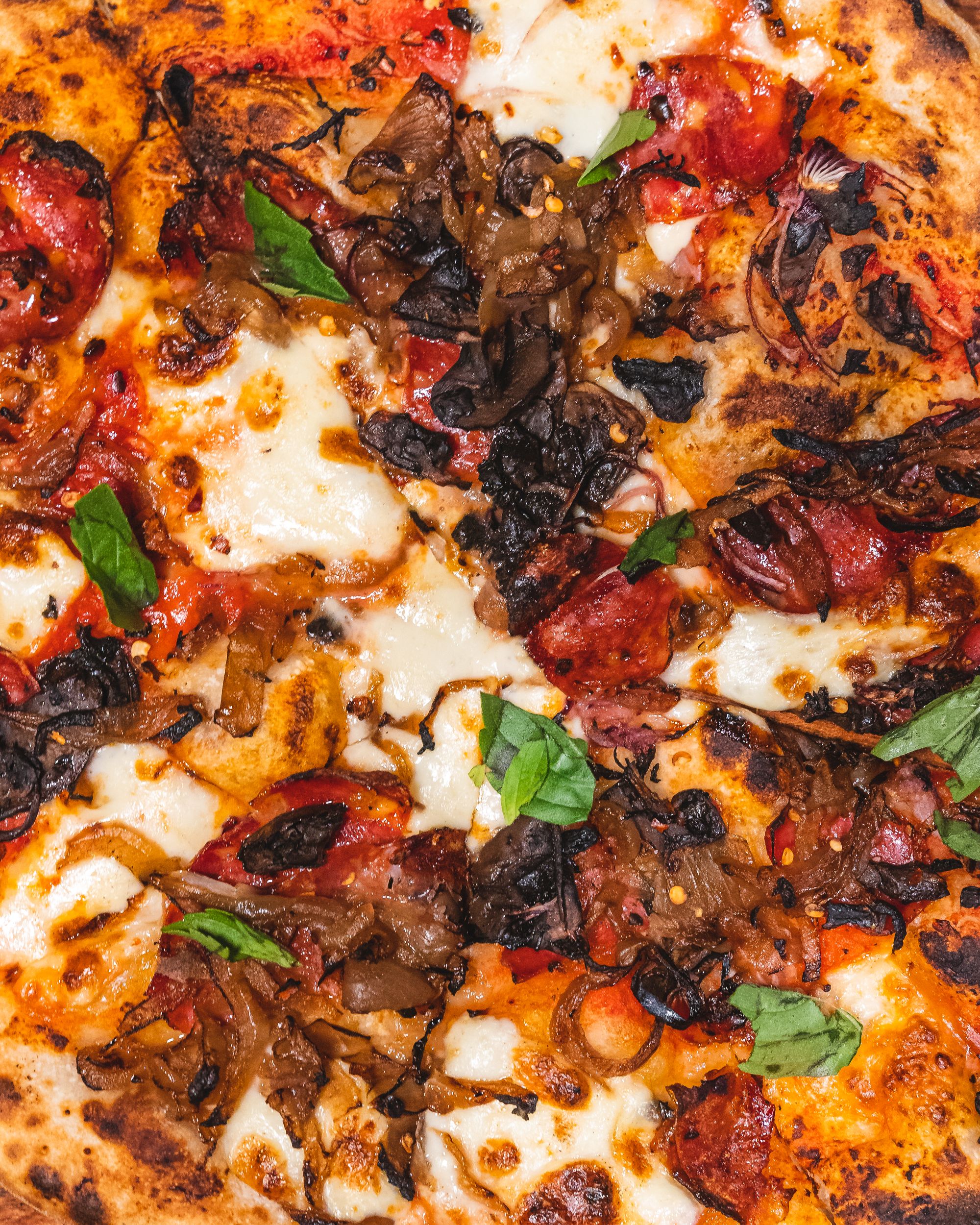 Top down, close up shot of pizza with various toppings