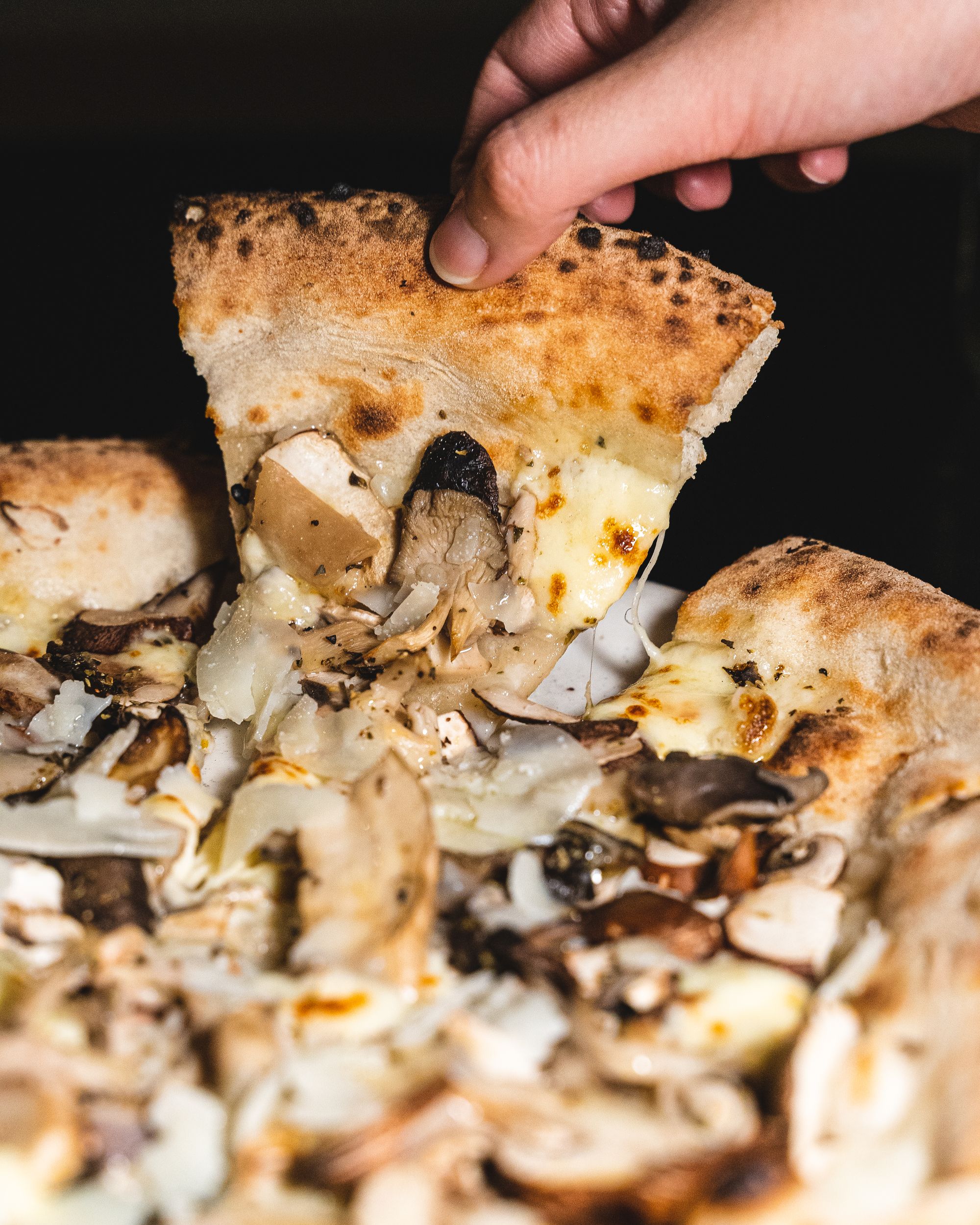 Close up of hand picking up a slice of mushroom pizza