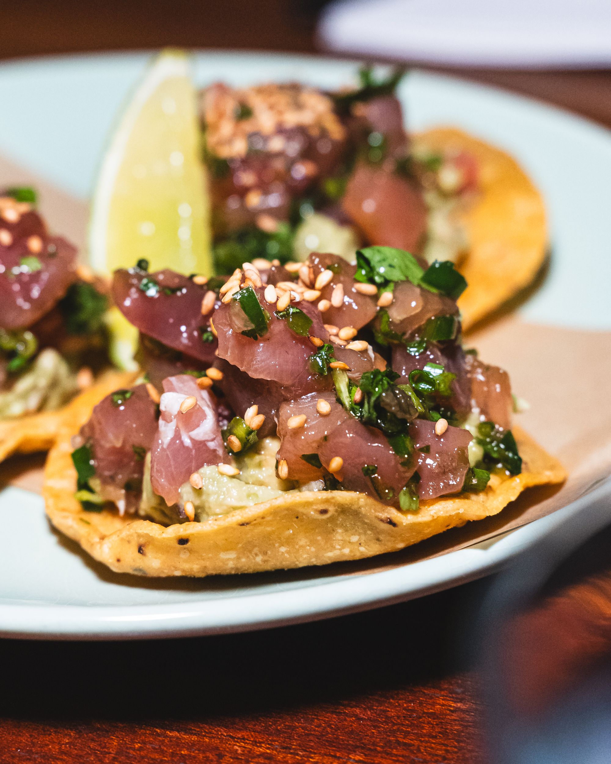 Tuna sashimi on a tostada