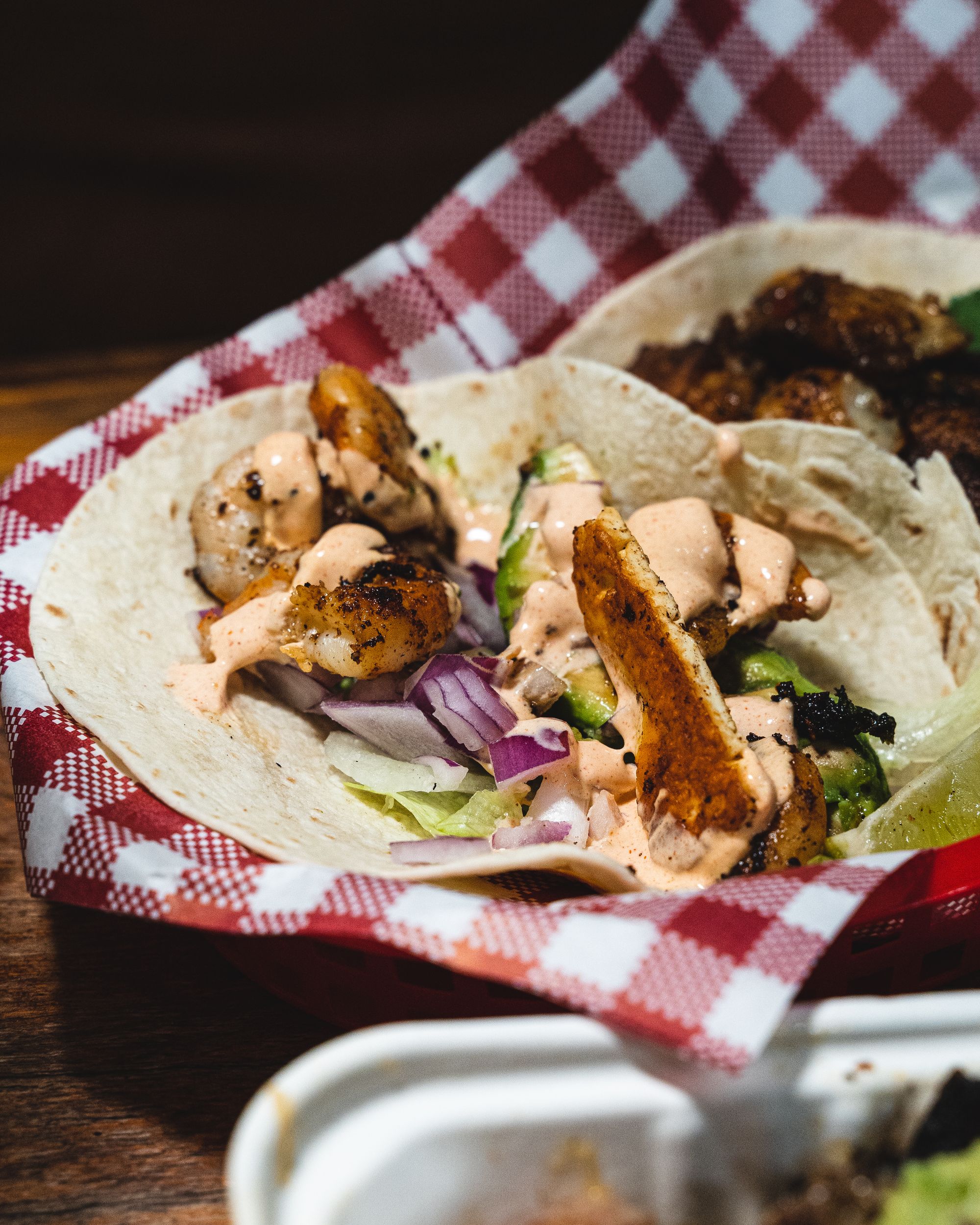 Close up of prawn taco