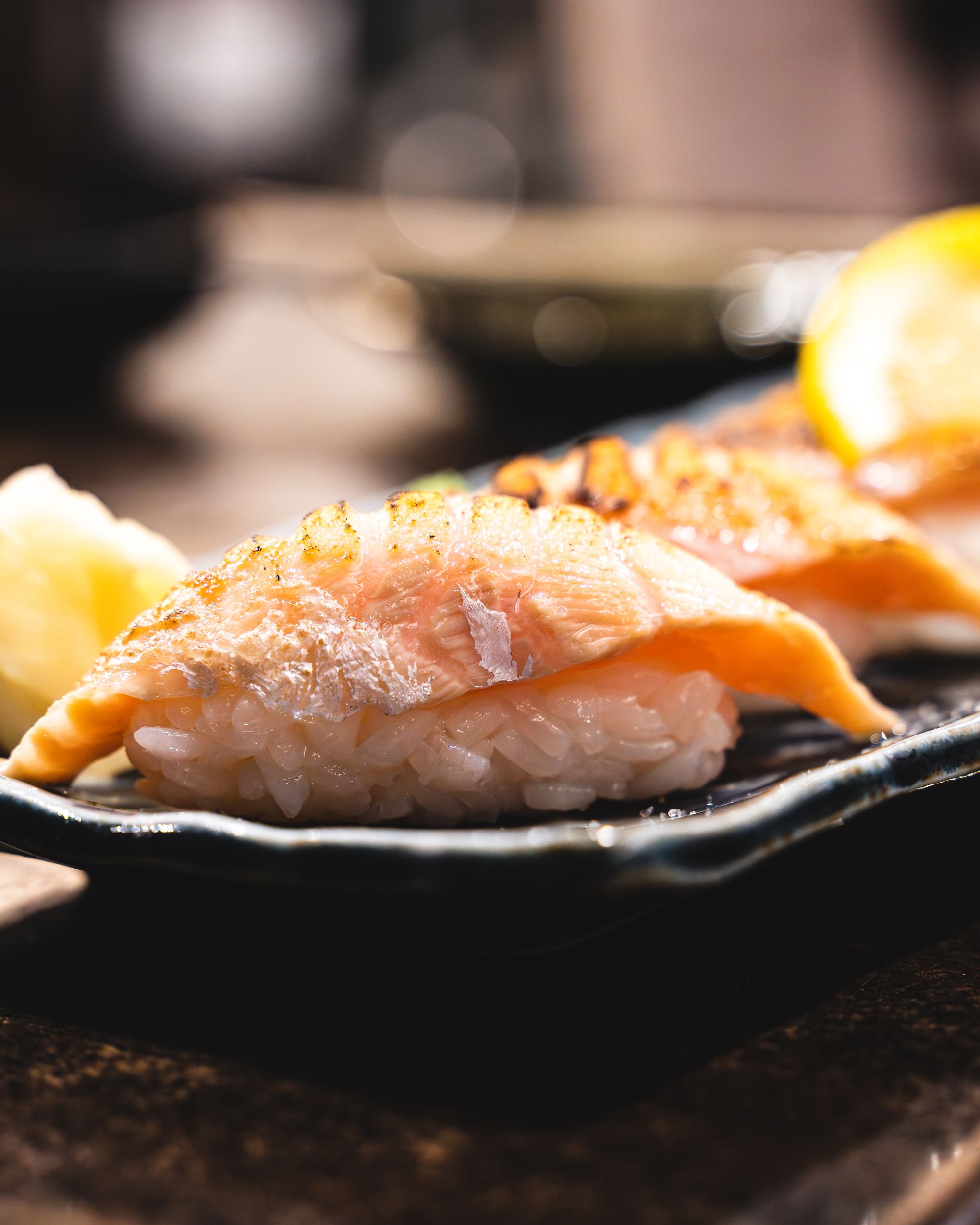 Close up of aburi salmon nigiri