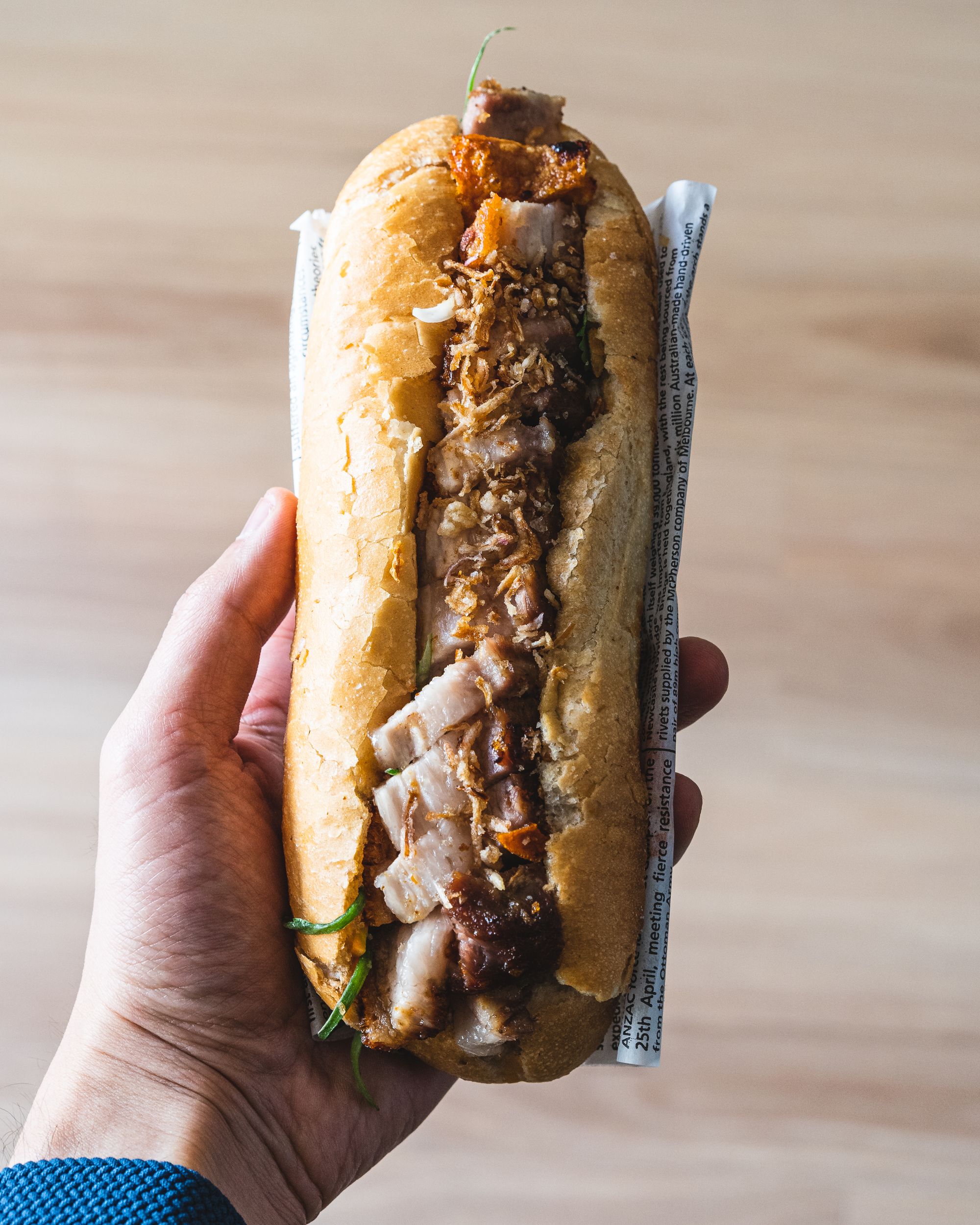 Hand holding banh mi with roast pork