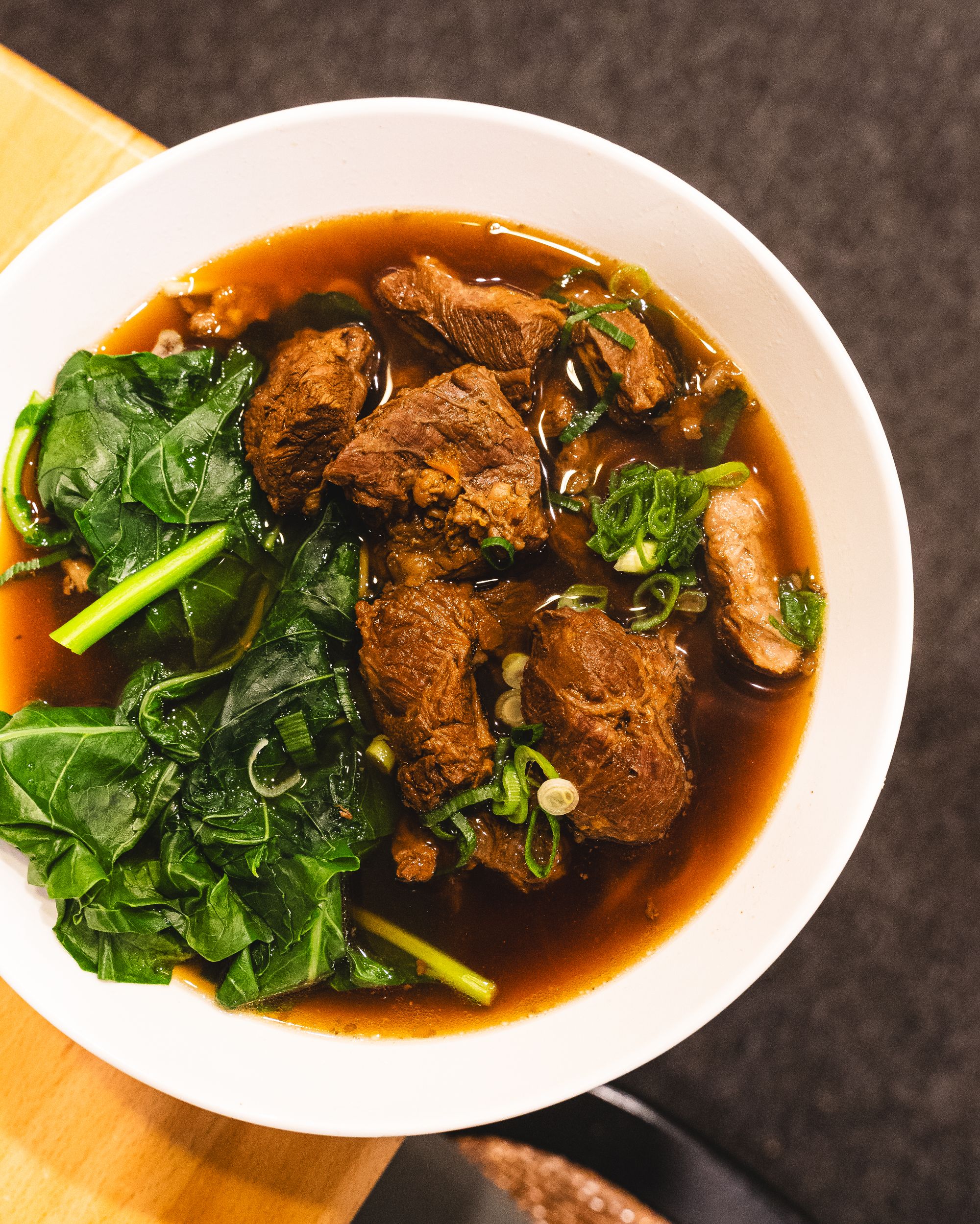 Top down shot of braised beef noodle soup