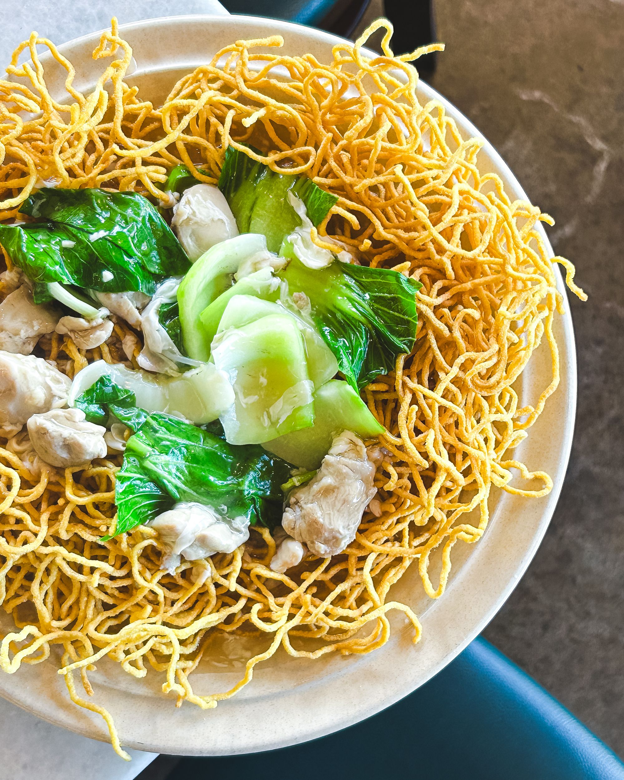 Top down shot of crispy chow mein noodles with chicken and bok choy