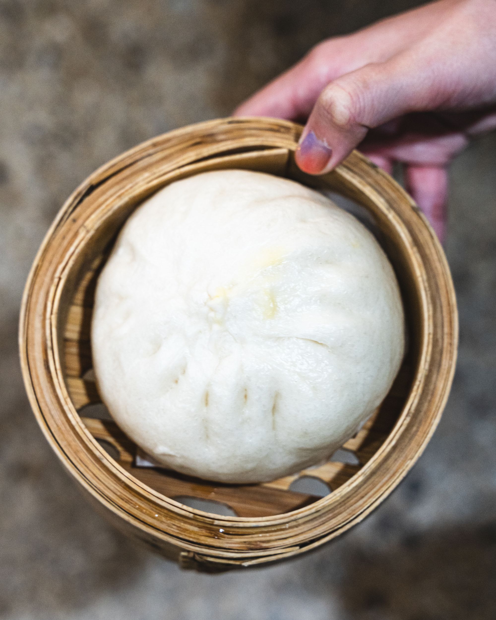 Hand holding charsiew bao