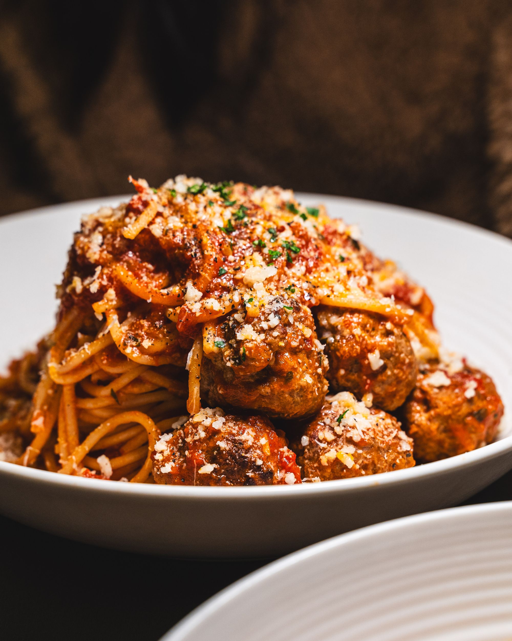 Close up of spaghetti with meatballs in a bowl