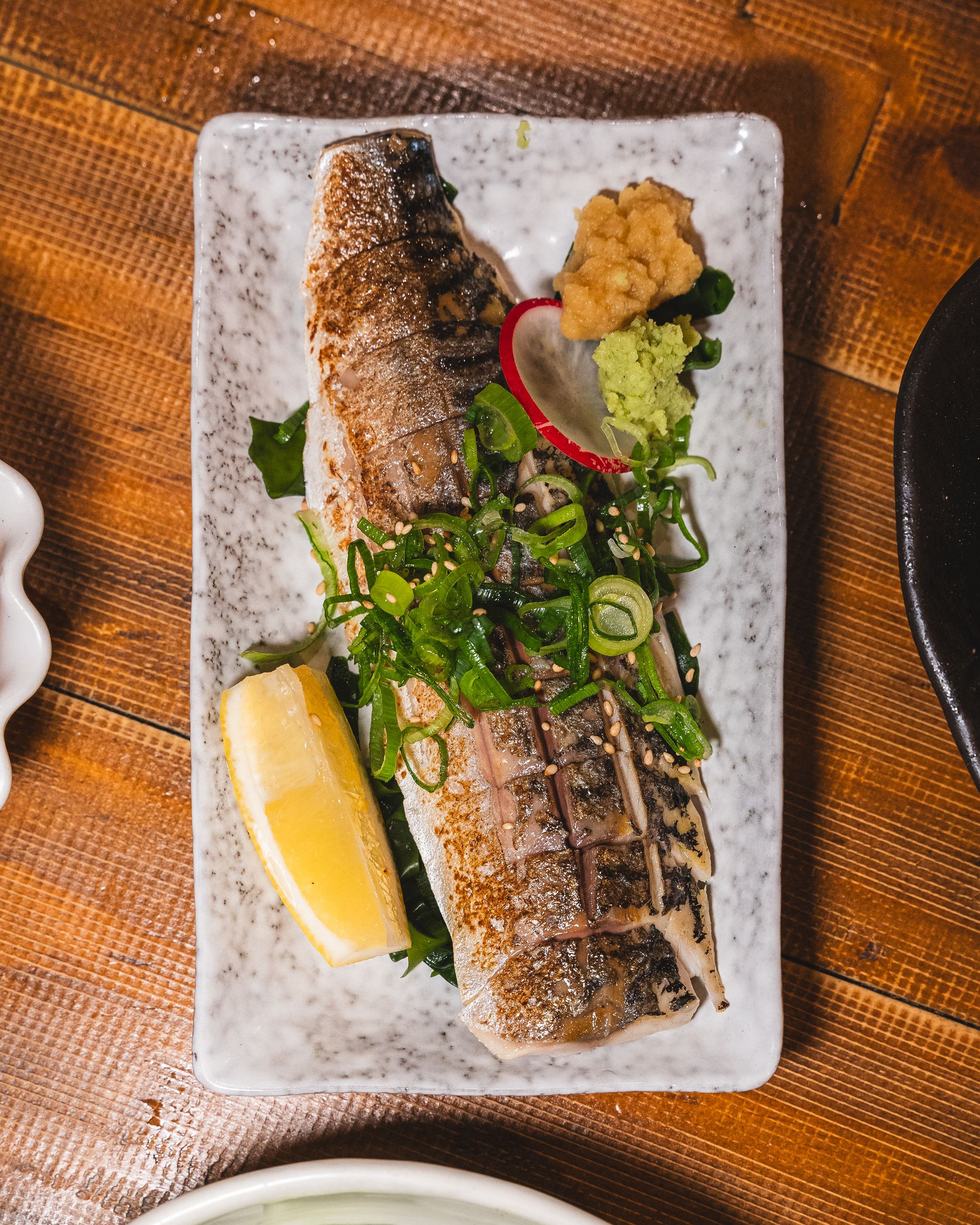 Top down shot of grilled mackerel 