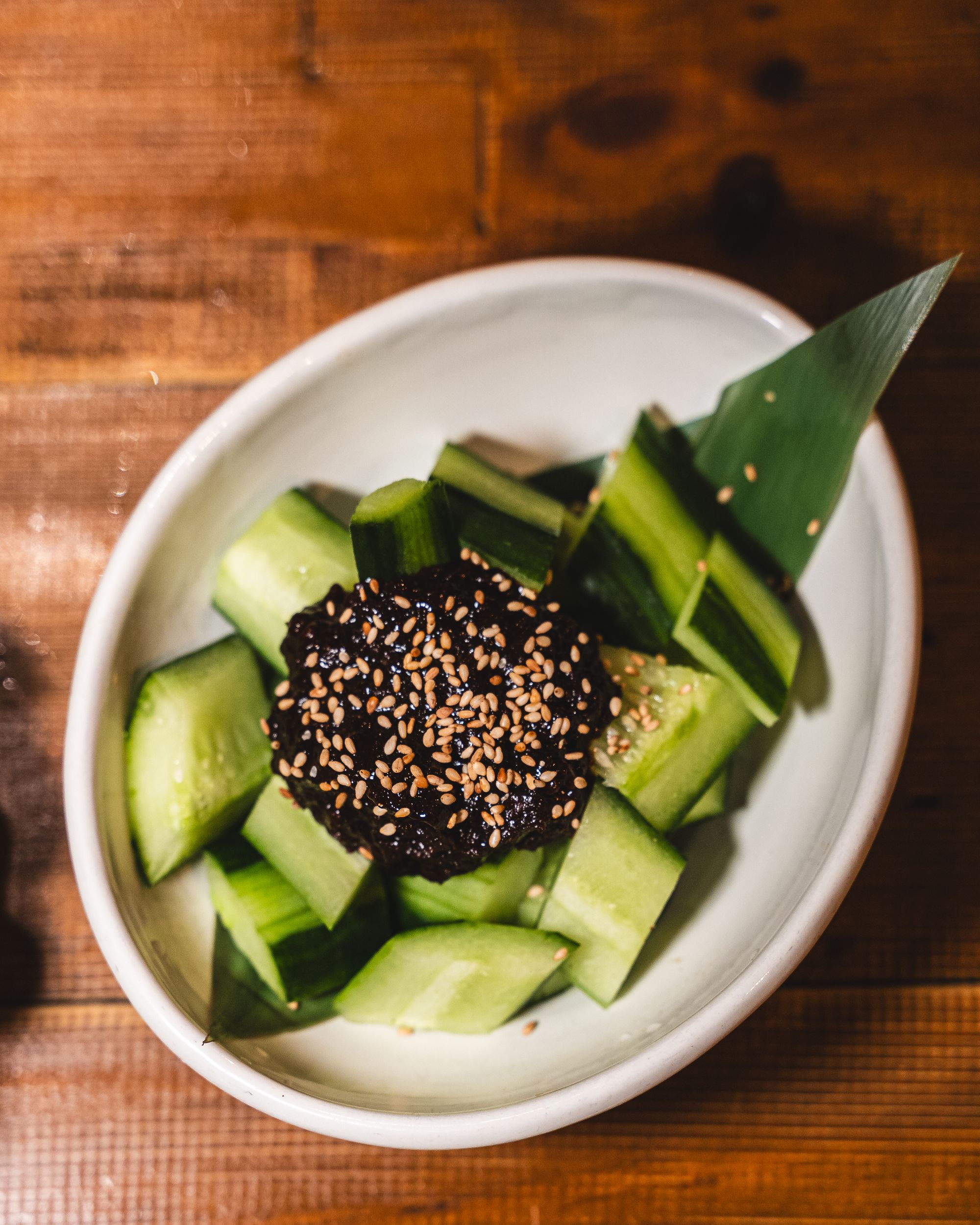 Top down shot of cucumber with miso paste