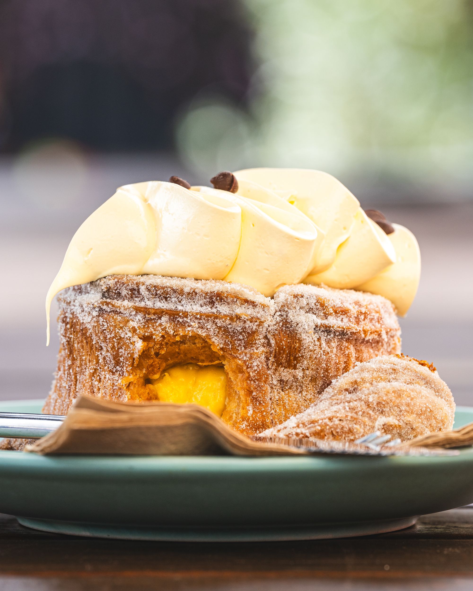 Close up of pastry with cream on top