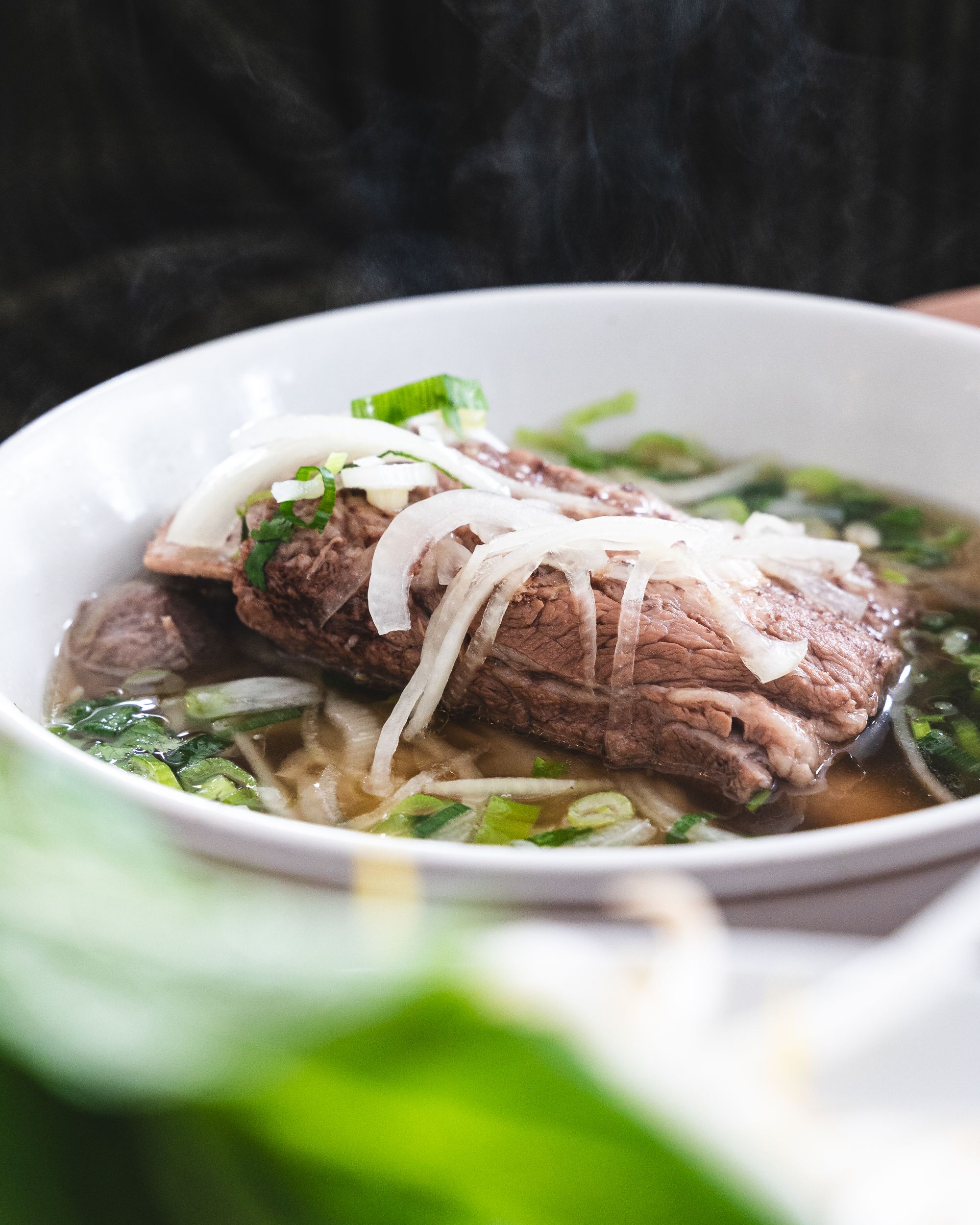 Close up of pho with shortrib on the top