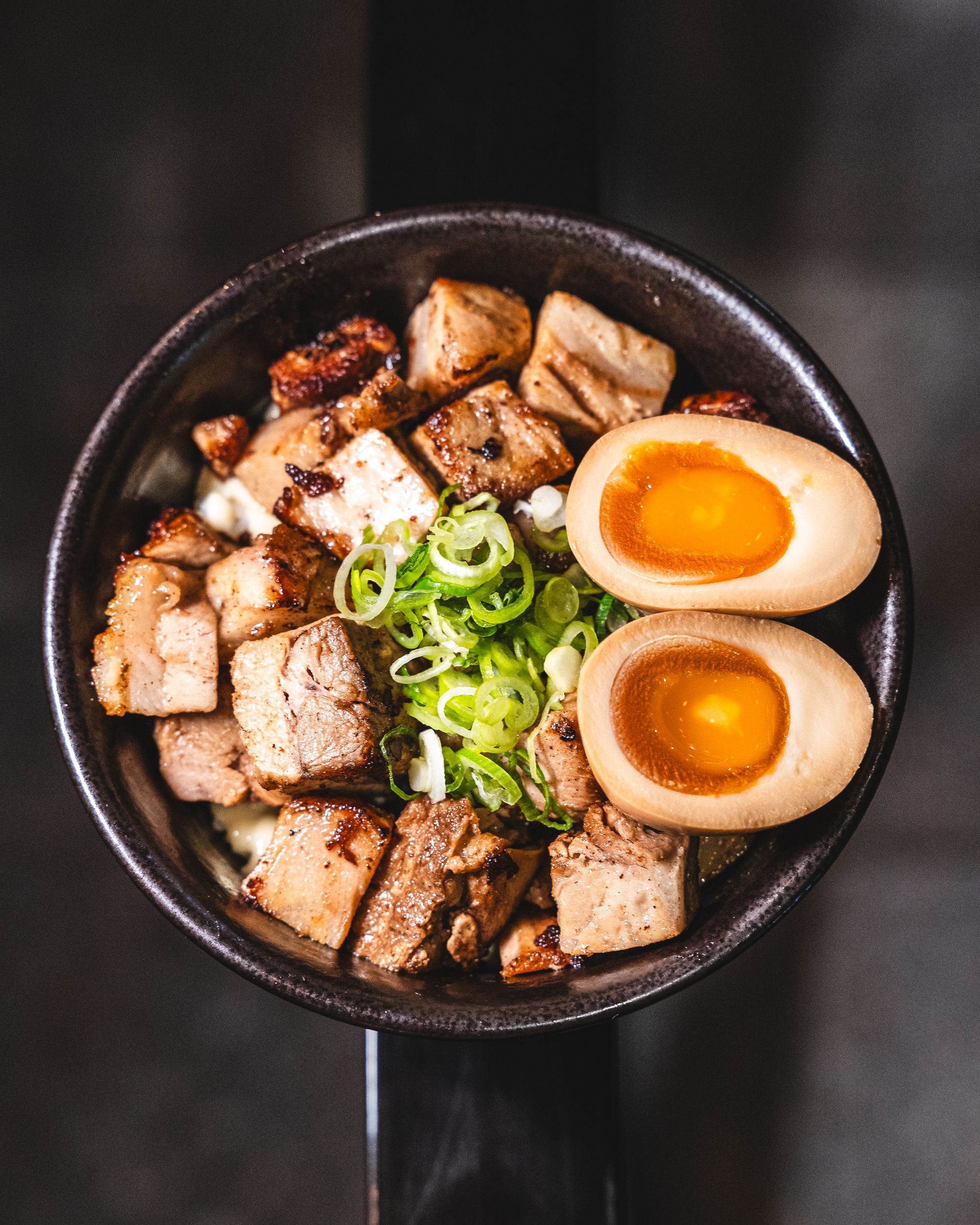 Top down shot of donburi with egg