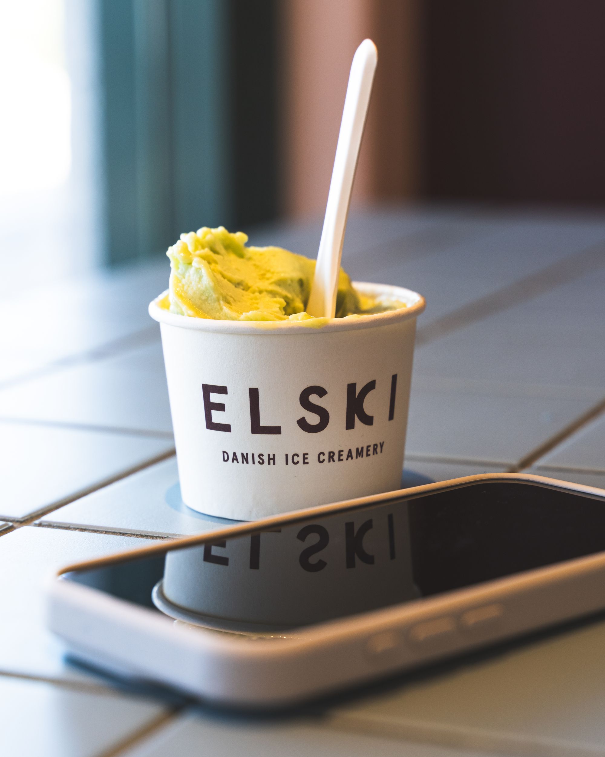 Close up of ice-cream in a cup labelled "Elski"