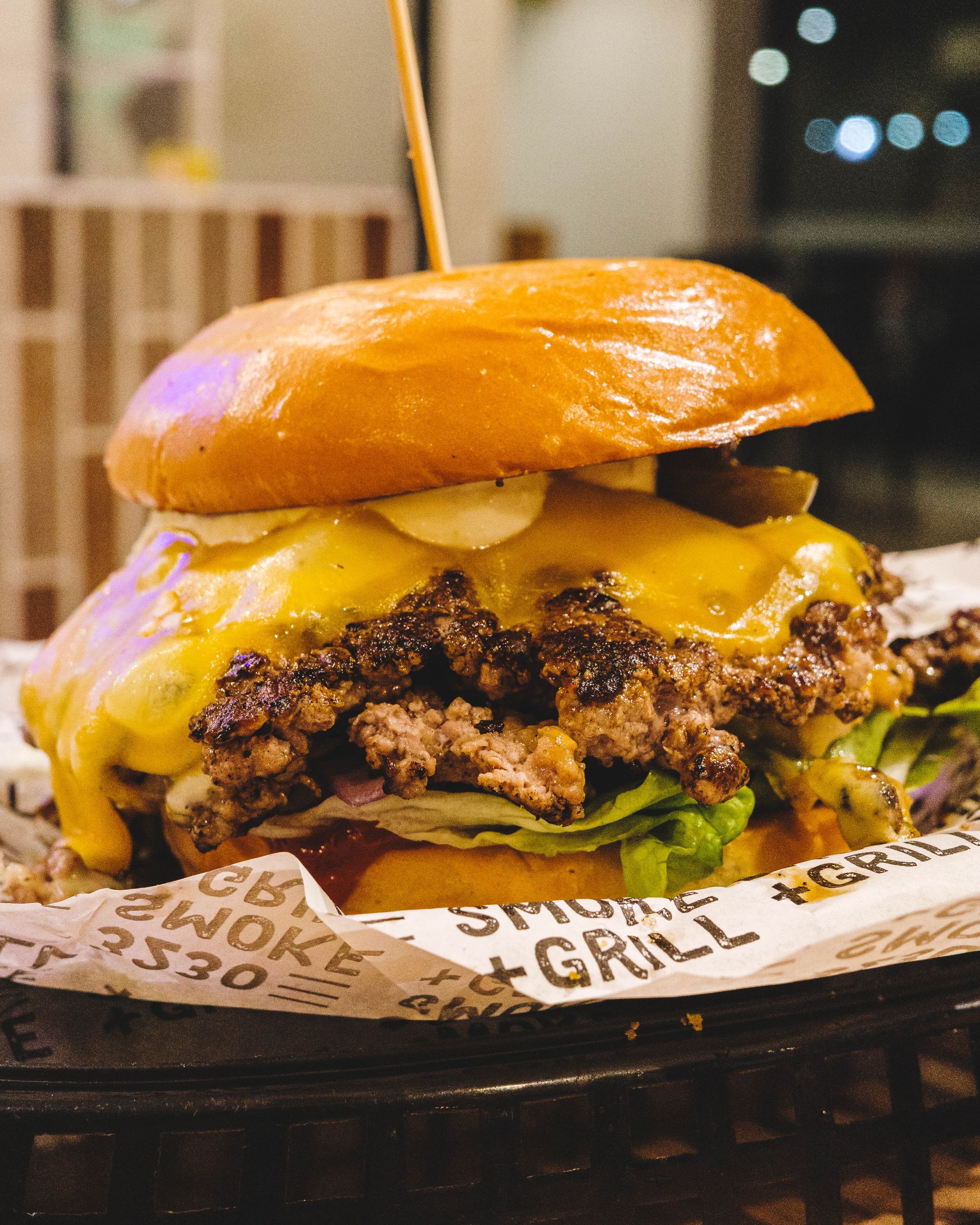 Close up of a double beef burger with cheese