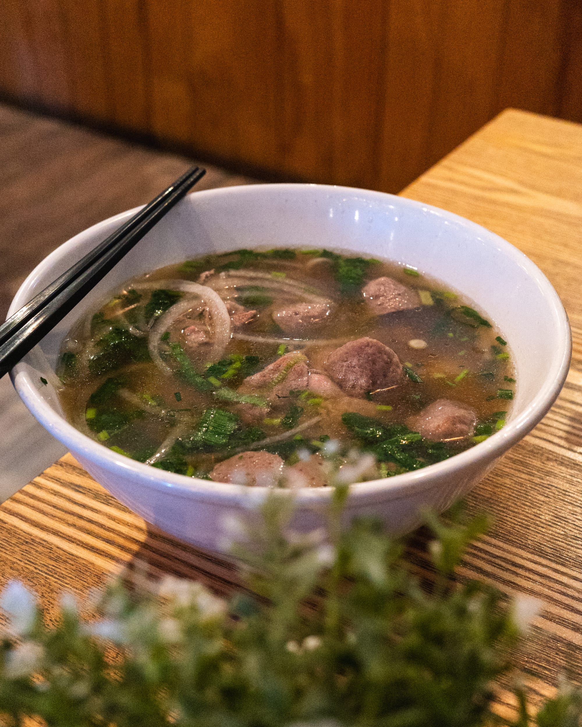 Close up of pho with beef balls and sliced beef