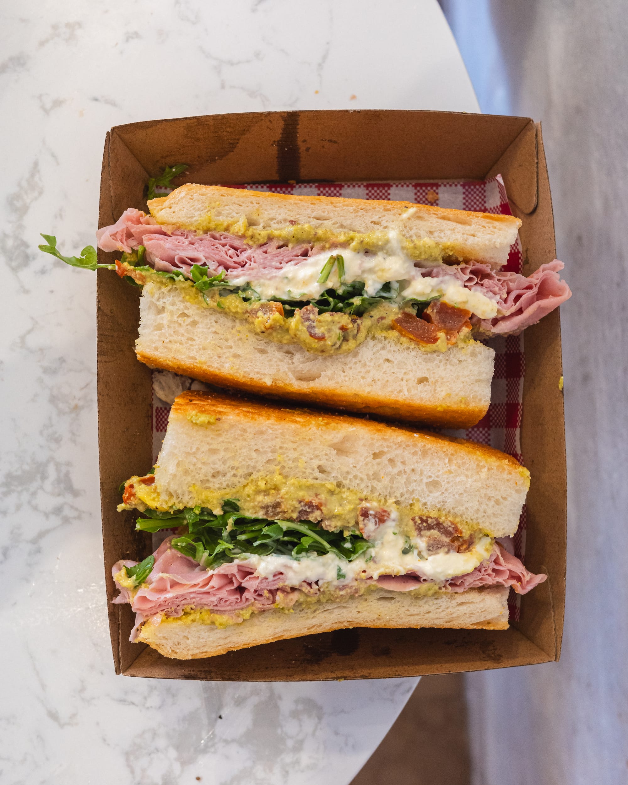 Top down shot of focaccia sandwich