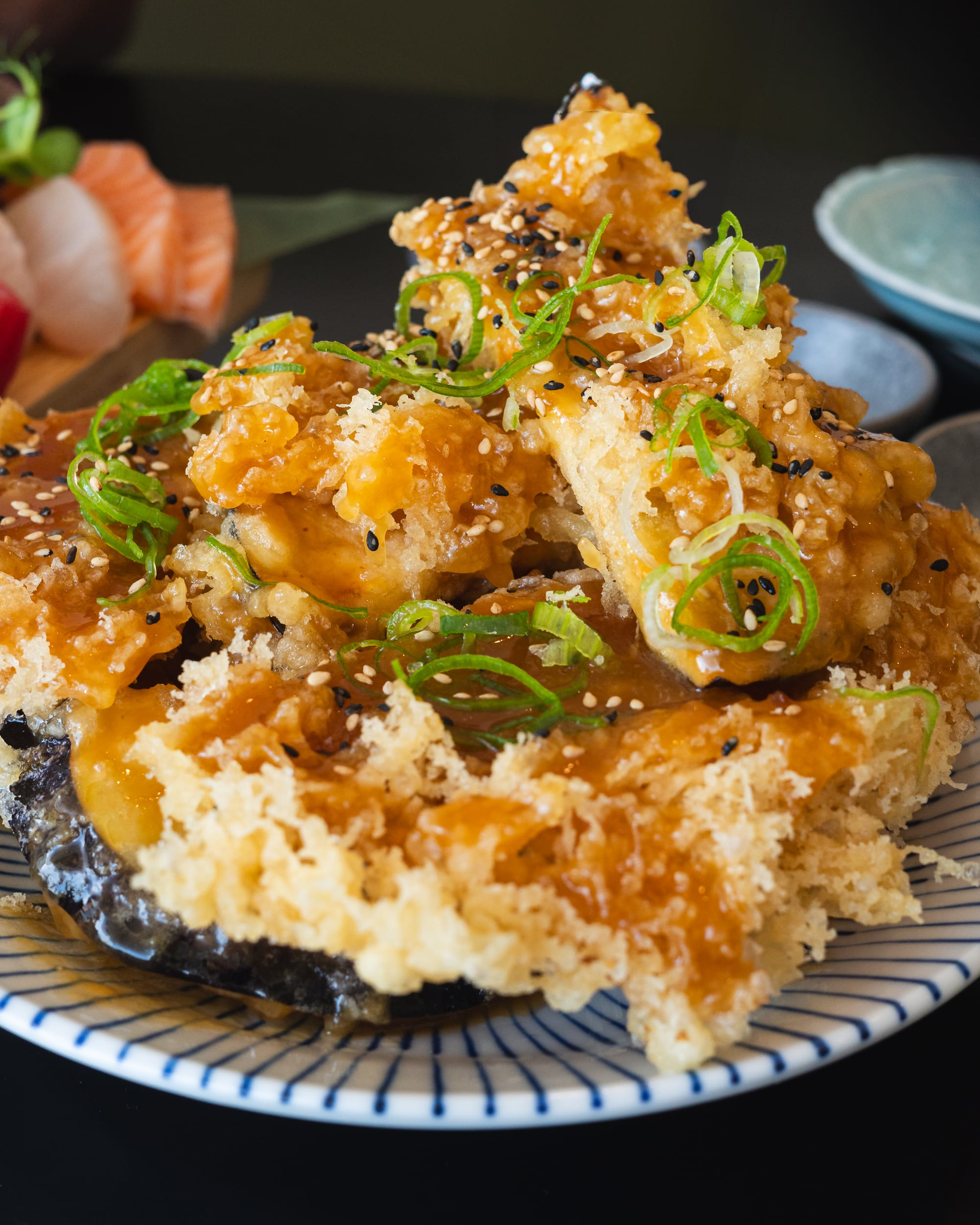 Close up of fried eggplant with miso sauce