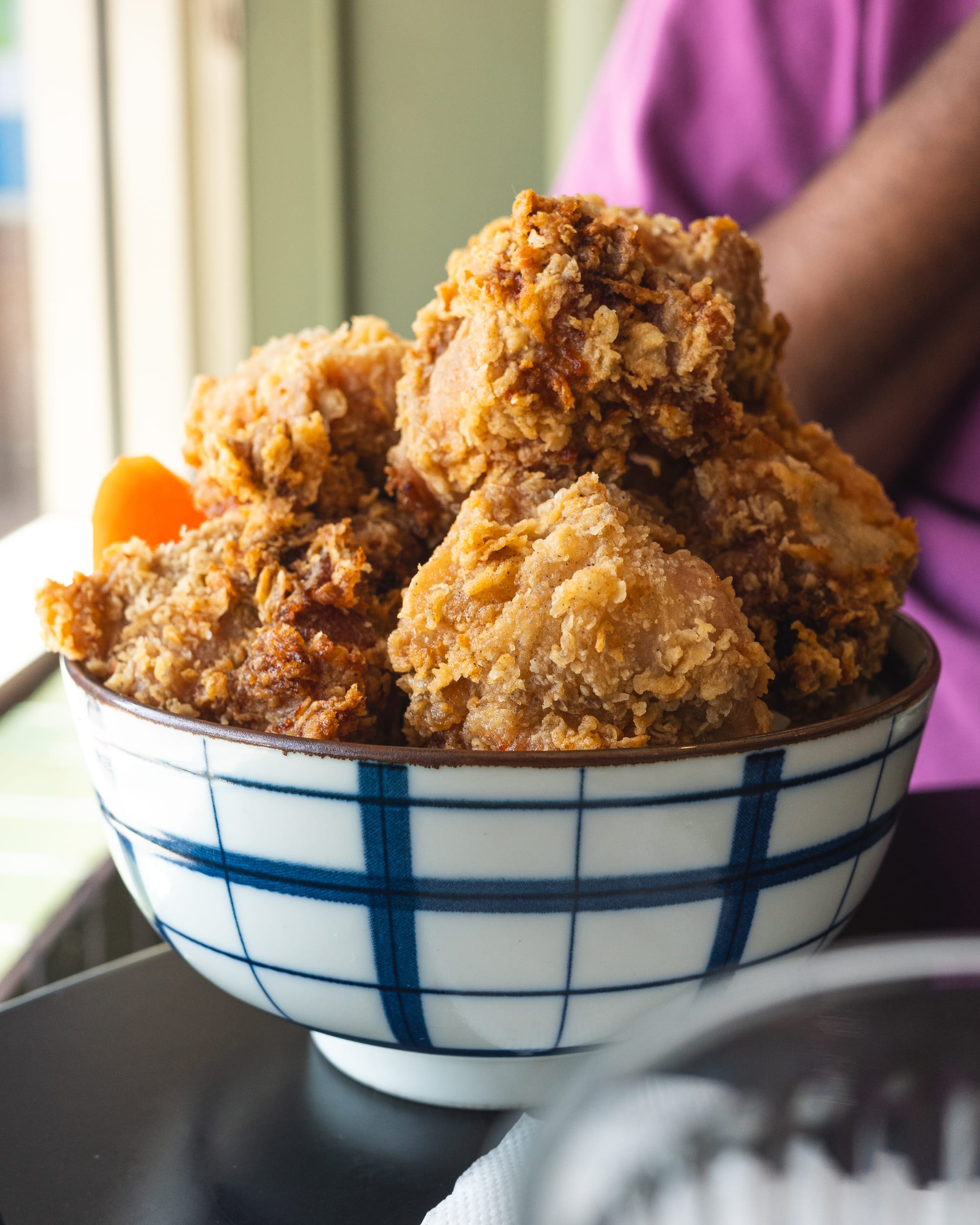 Close up of karaage chicken in a bowl