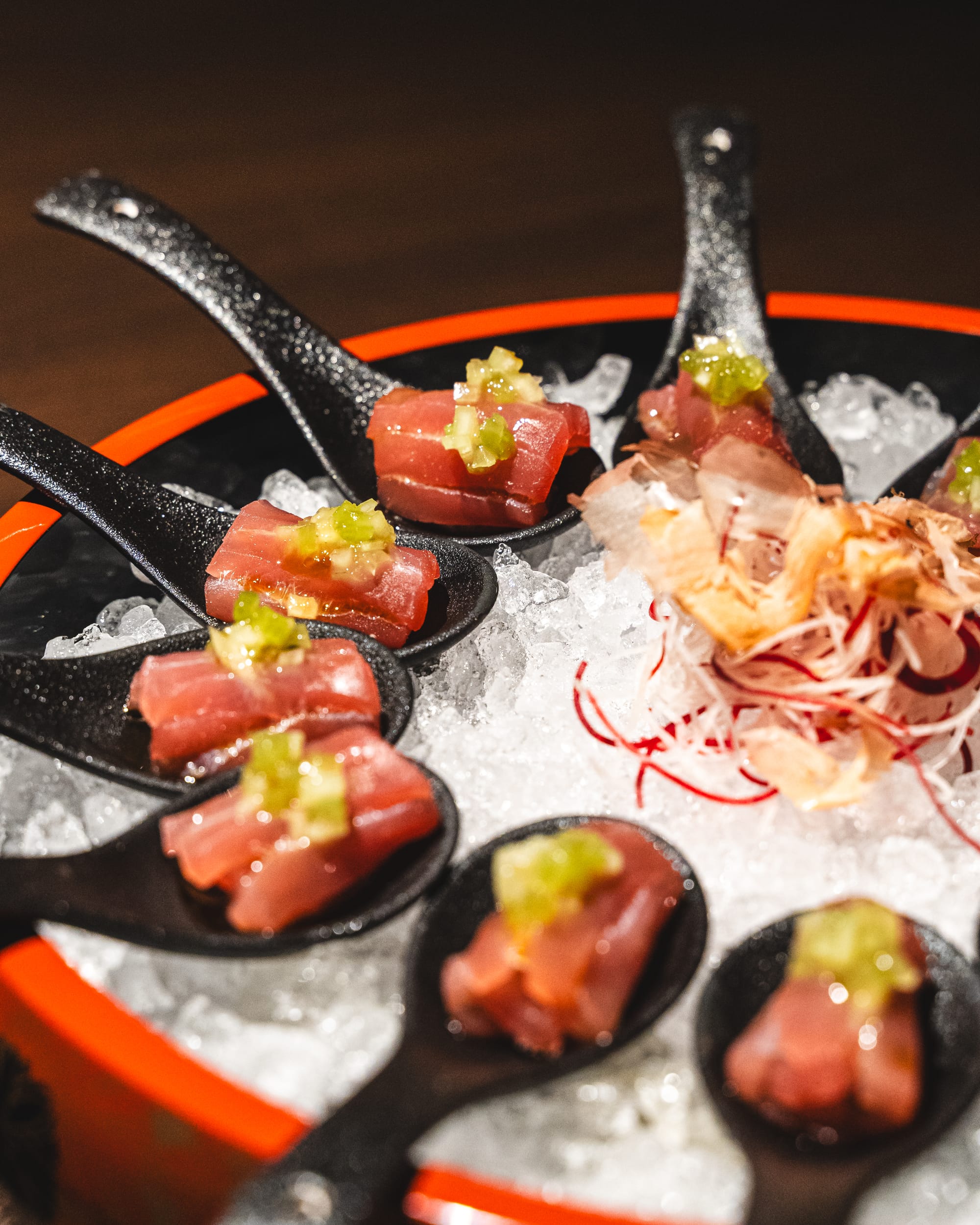 Close up of tuna sashimi with salsa