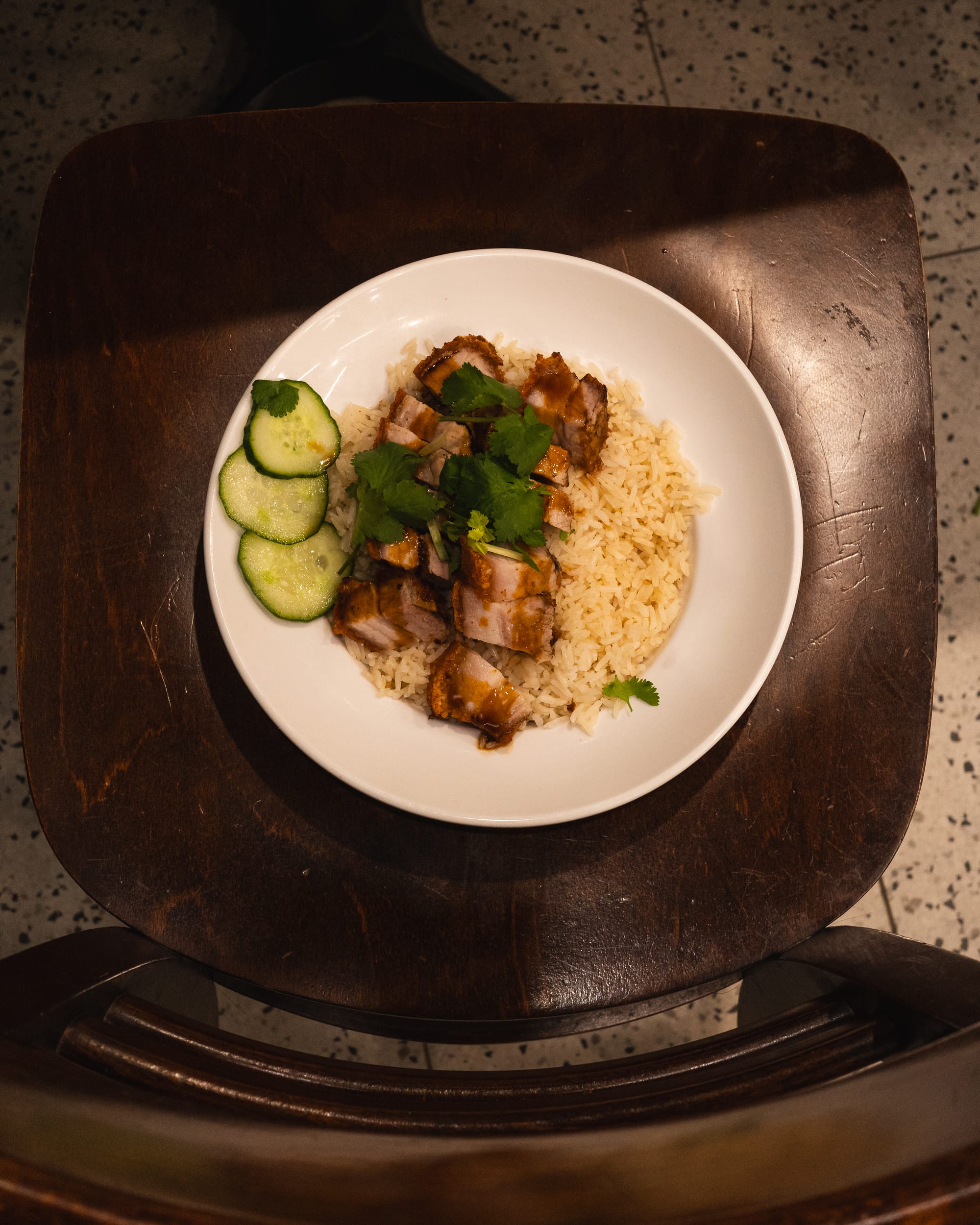 Top down shot of rice with roast pork, parsley and cucumber garnish