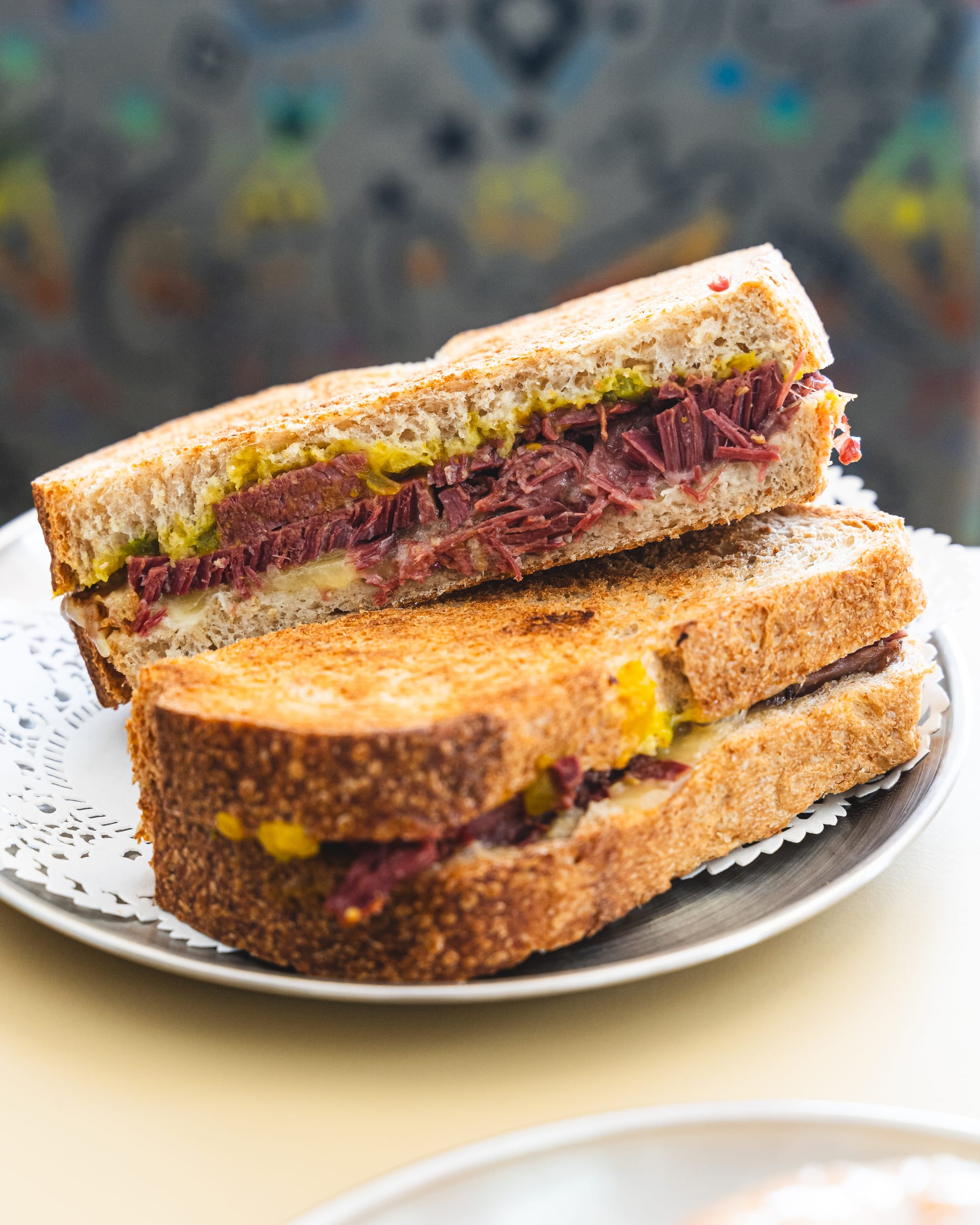 Close up of corned beef sandwich