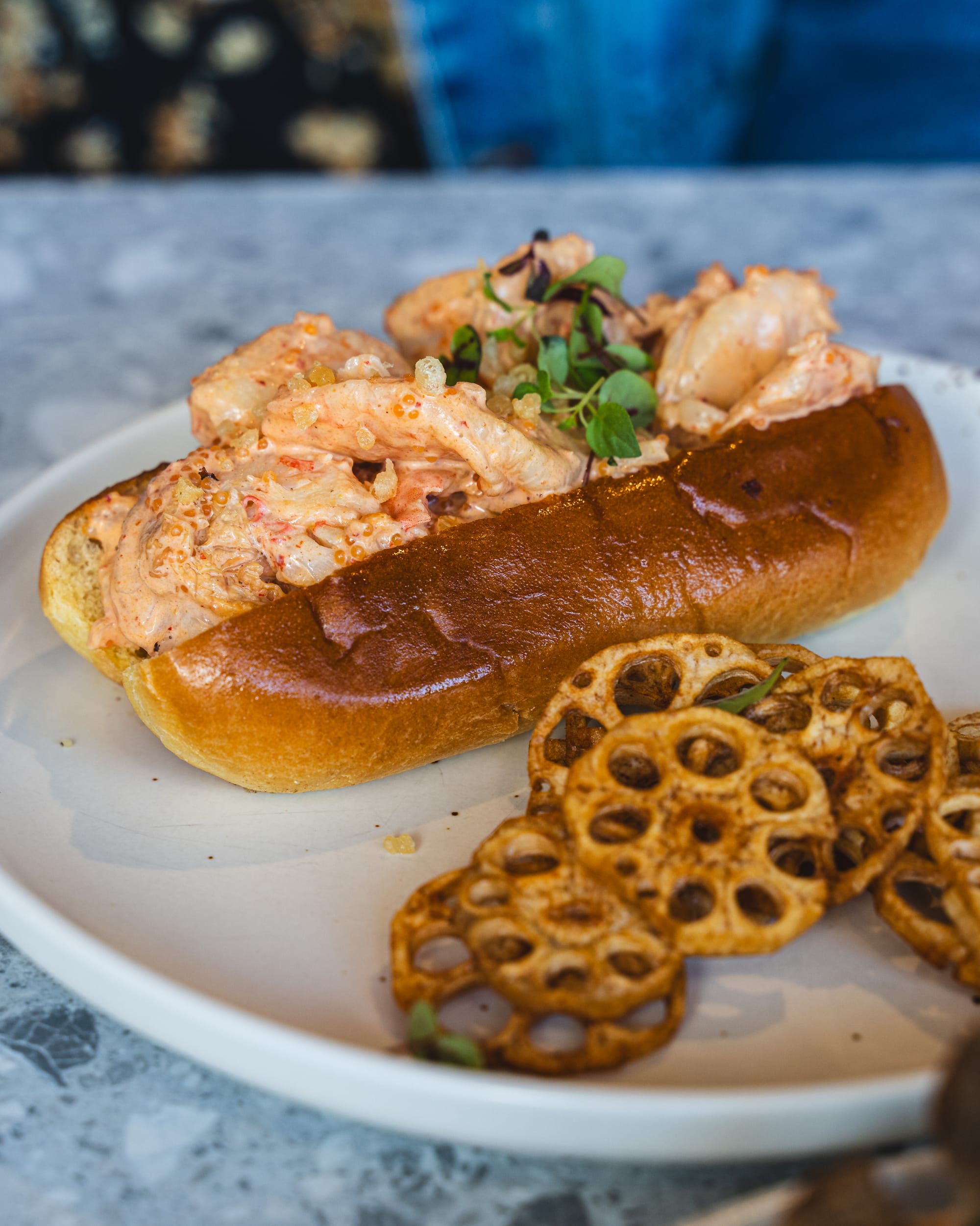 Close up of prawn roll with fried lotus chips