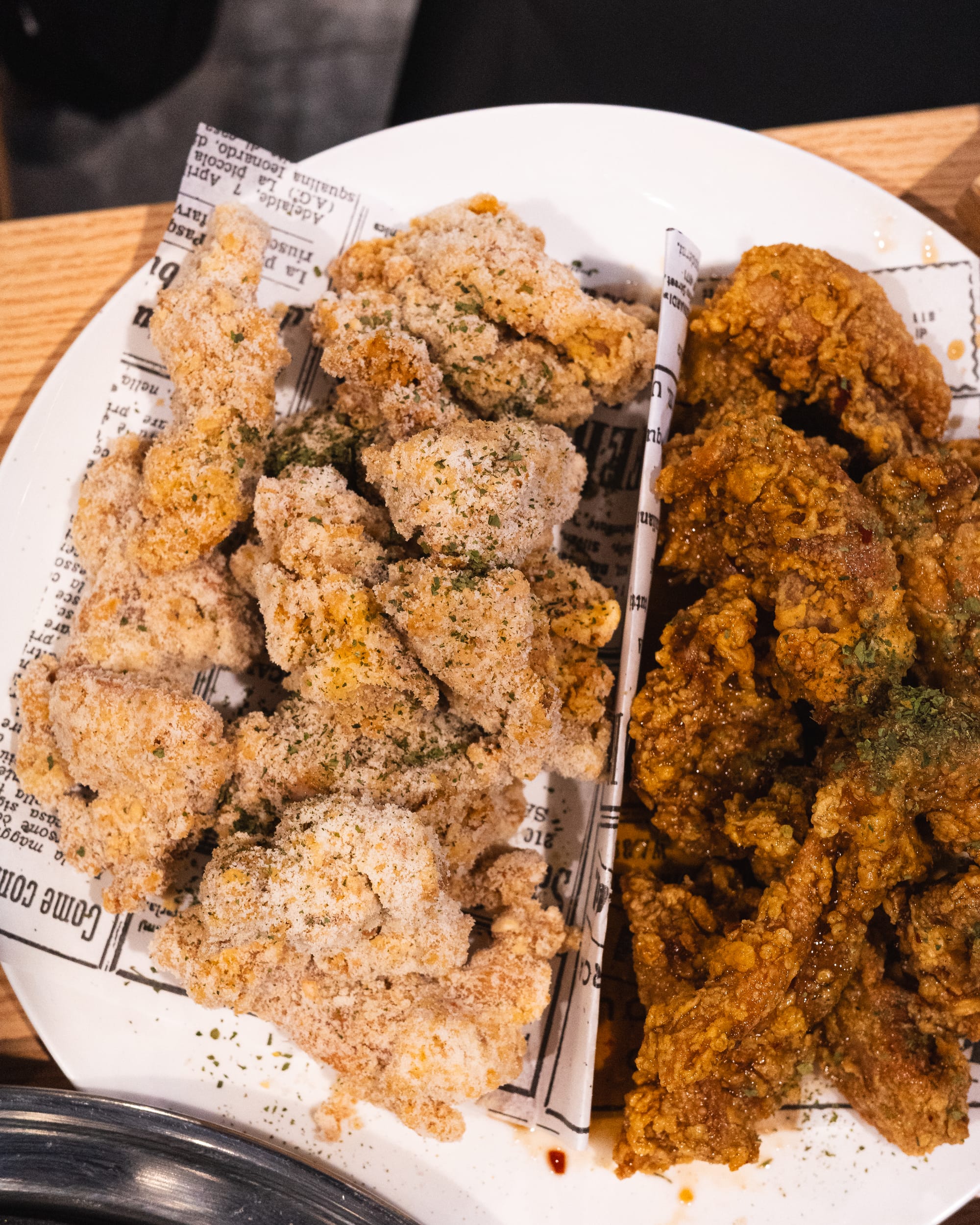 Top down shot of boneless fried chicken served on a plate