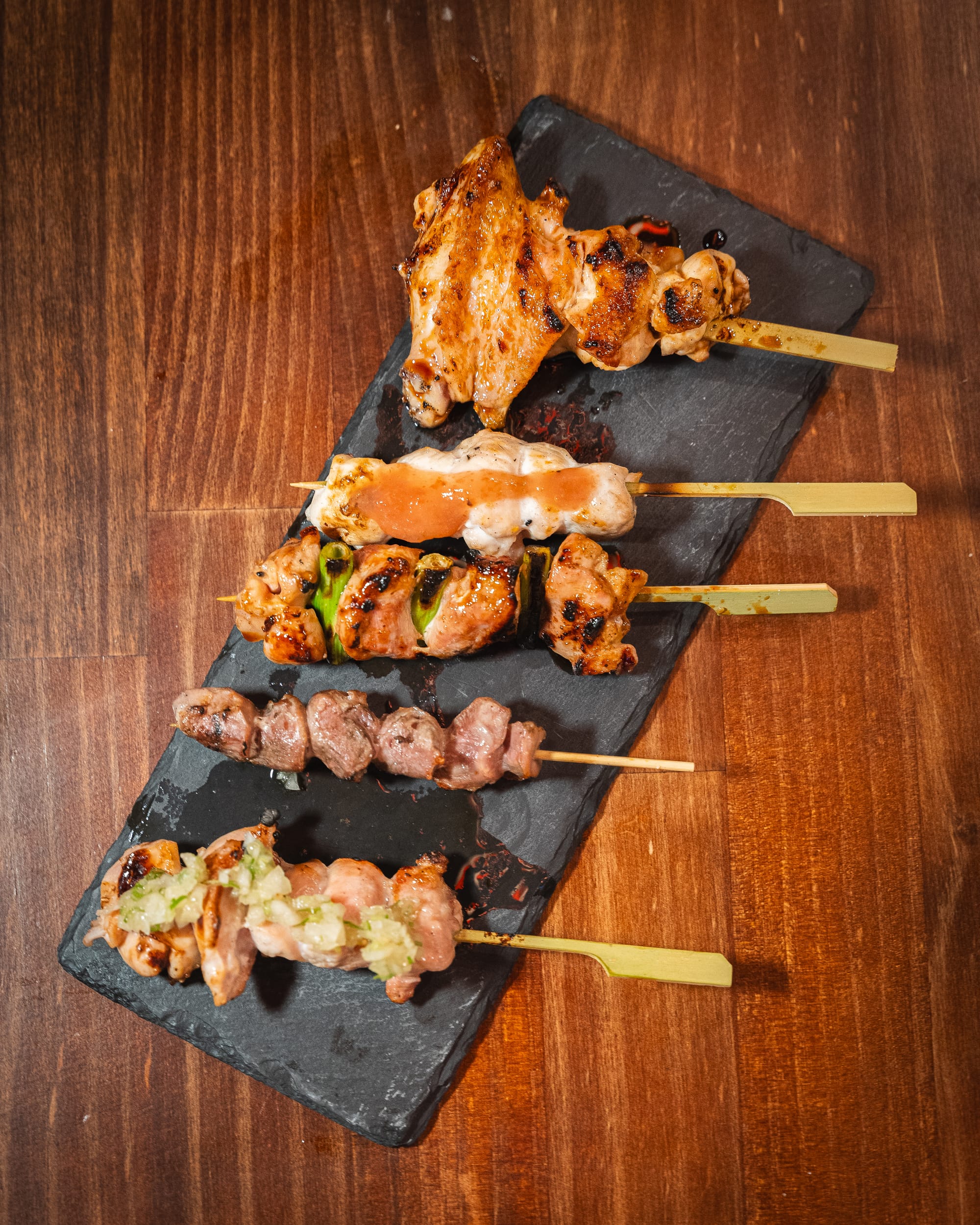 Top down shot of assorted Japanese skewers