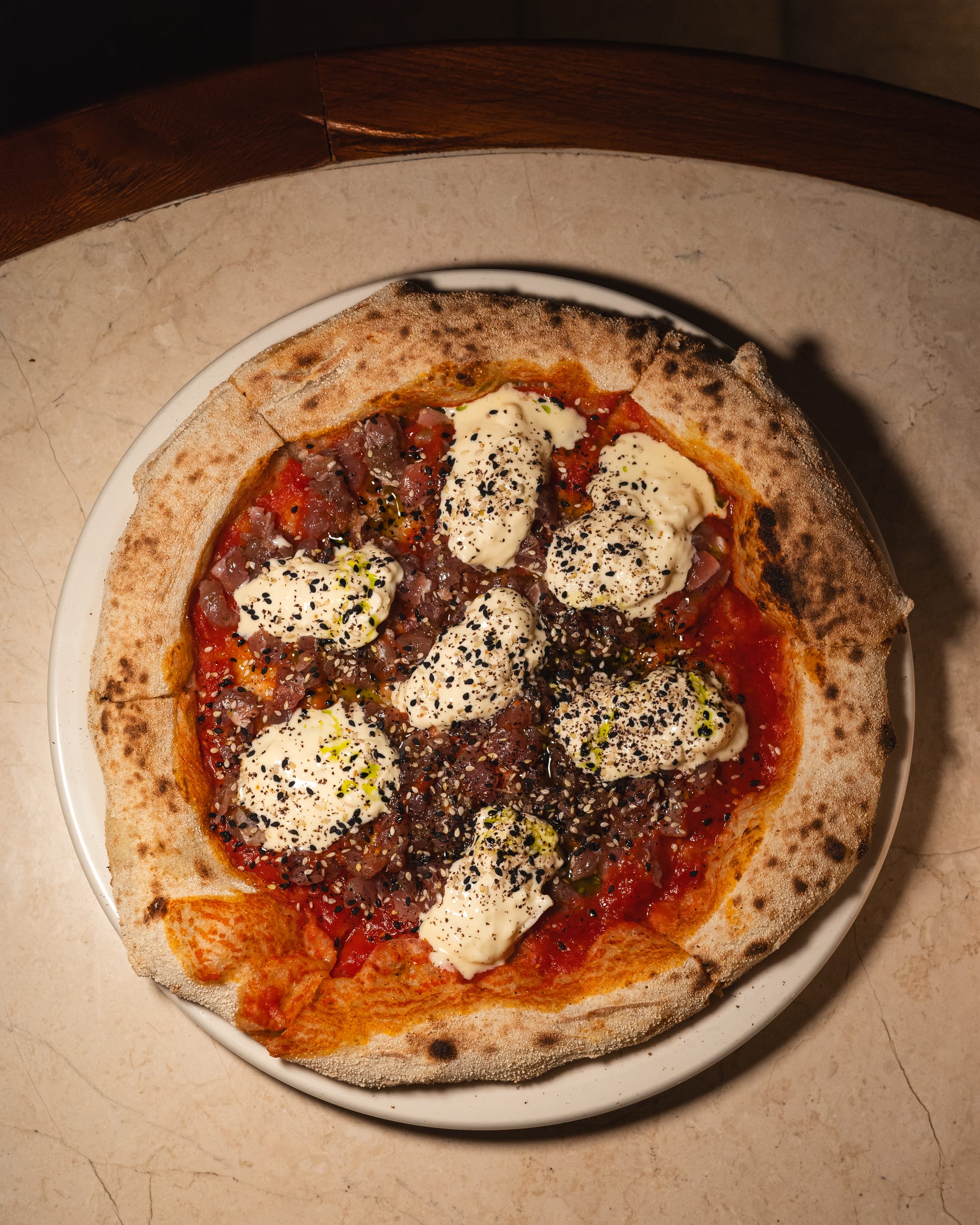 Pizza with tuna tartare