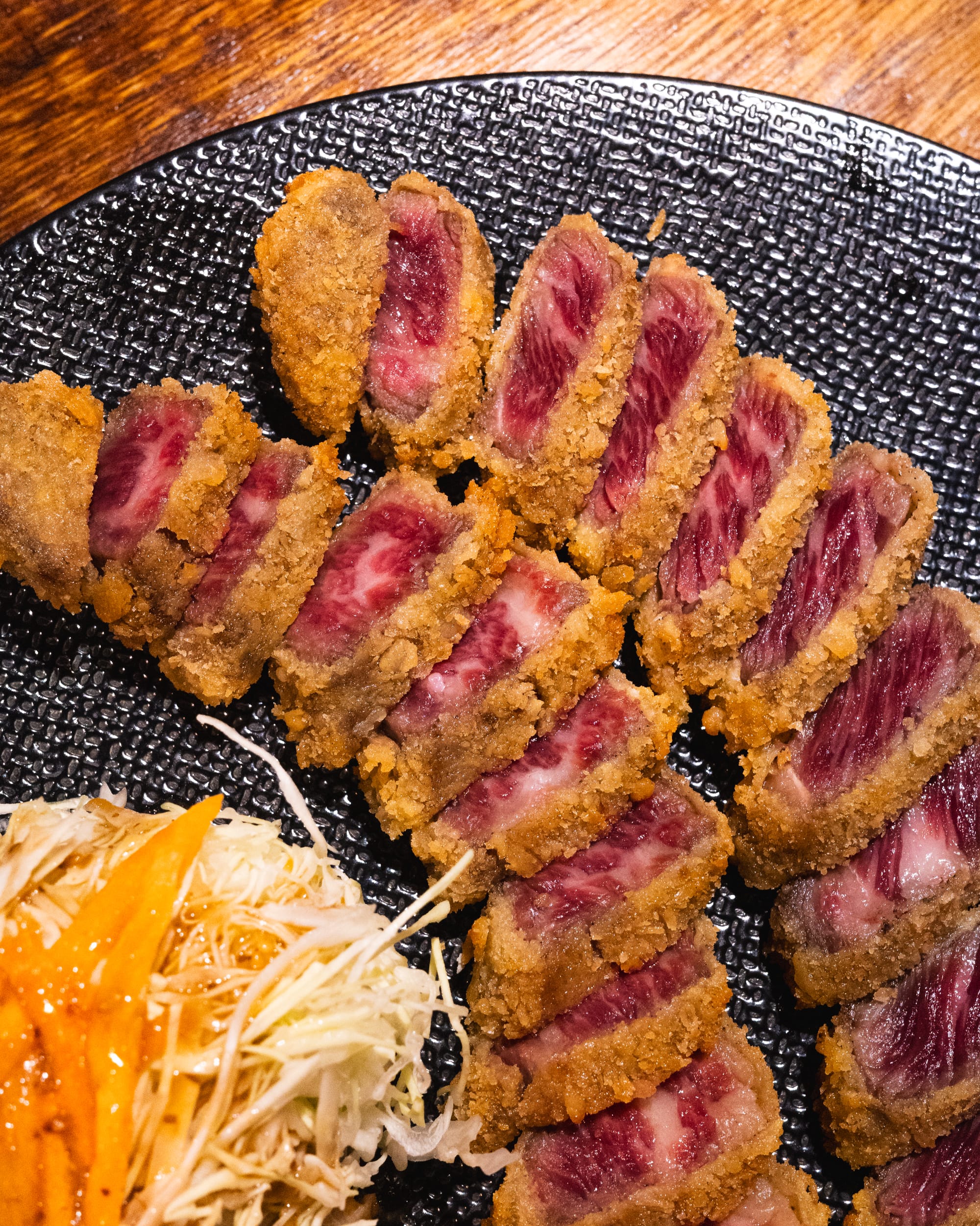 Top down shot of gyukatsu showing the marbling