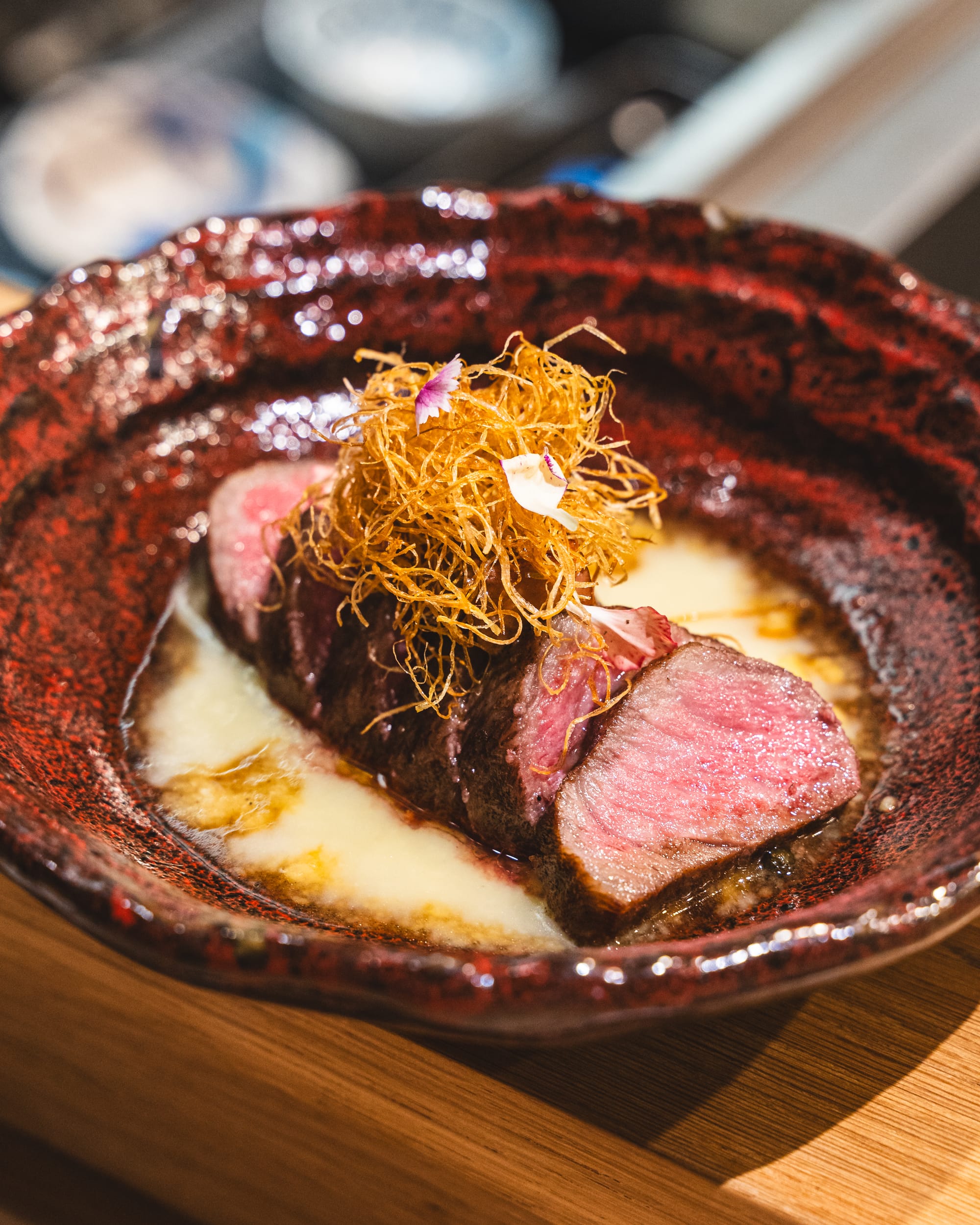 Close up of steak with potato puree 