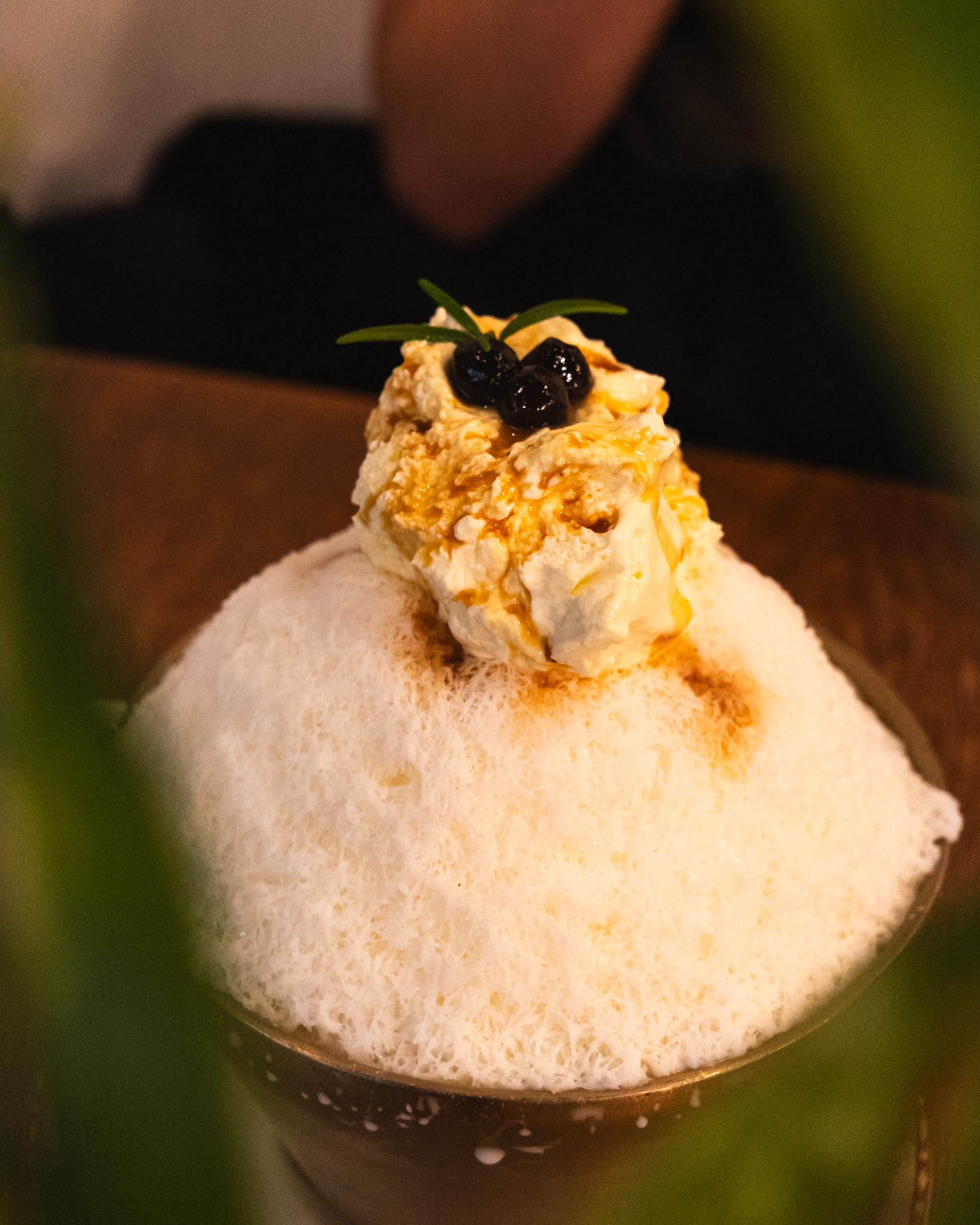 Close up of bingsu with ice-cream and boba