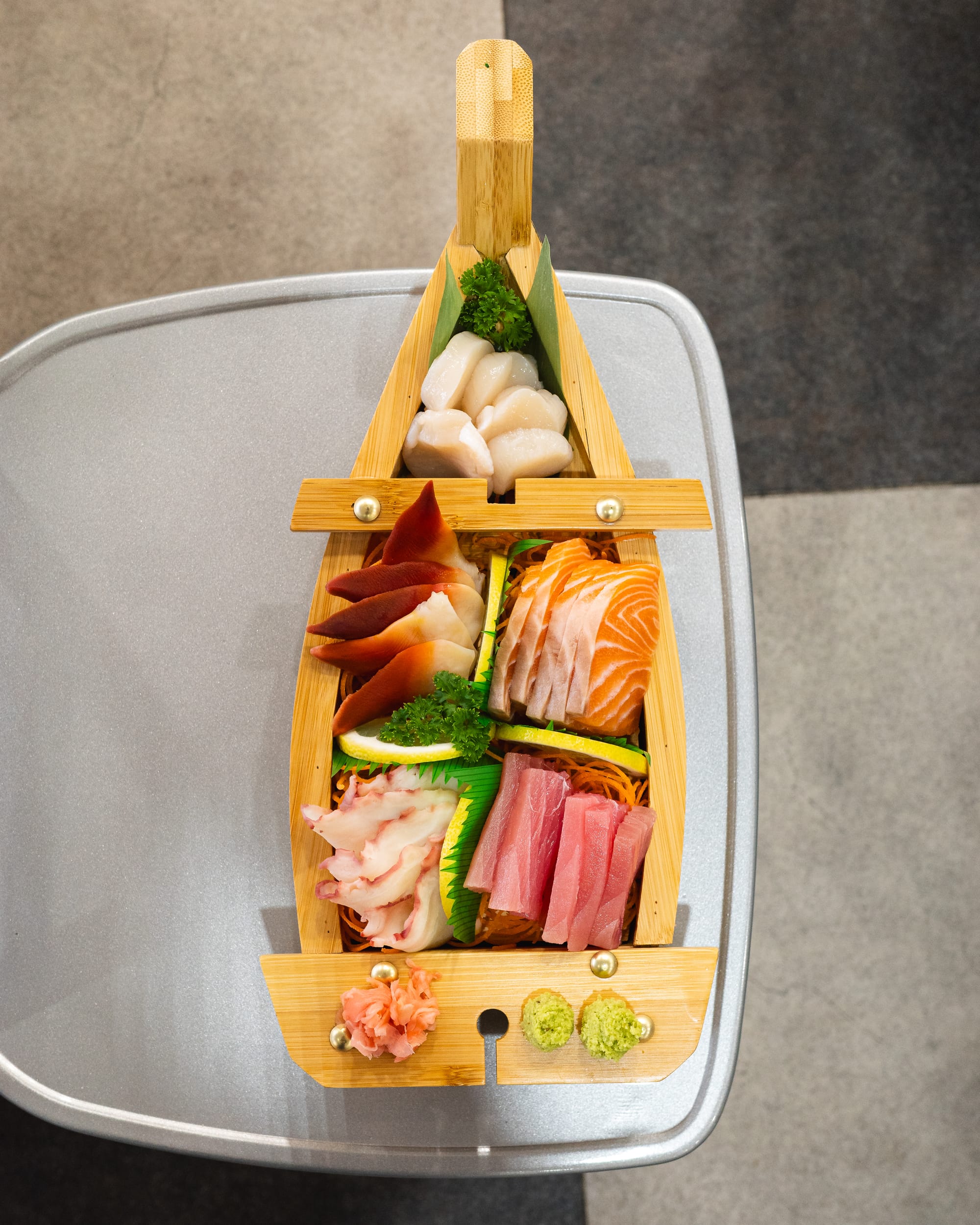 Top down shot of sashimi boat