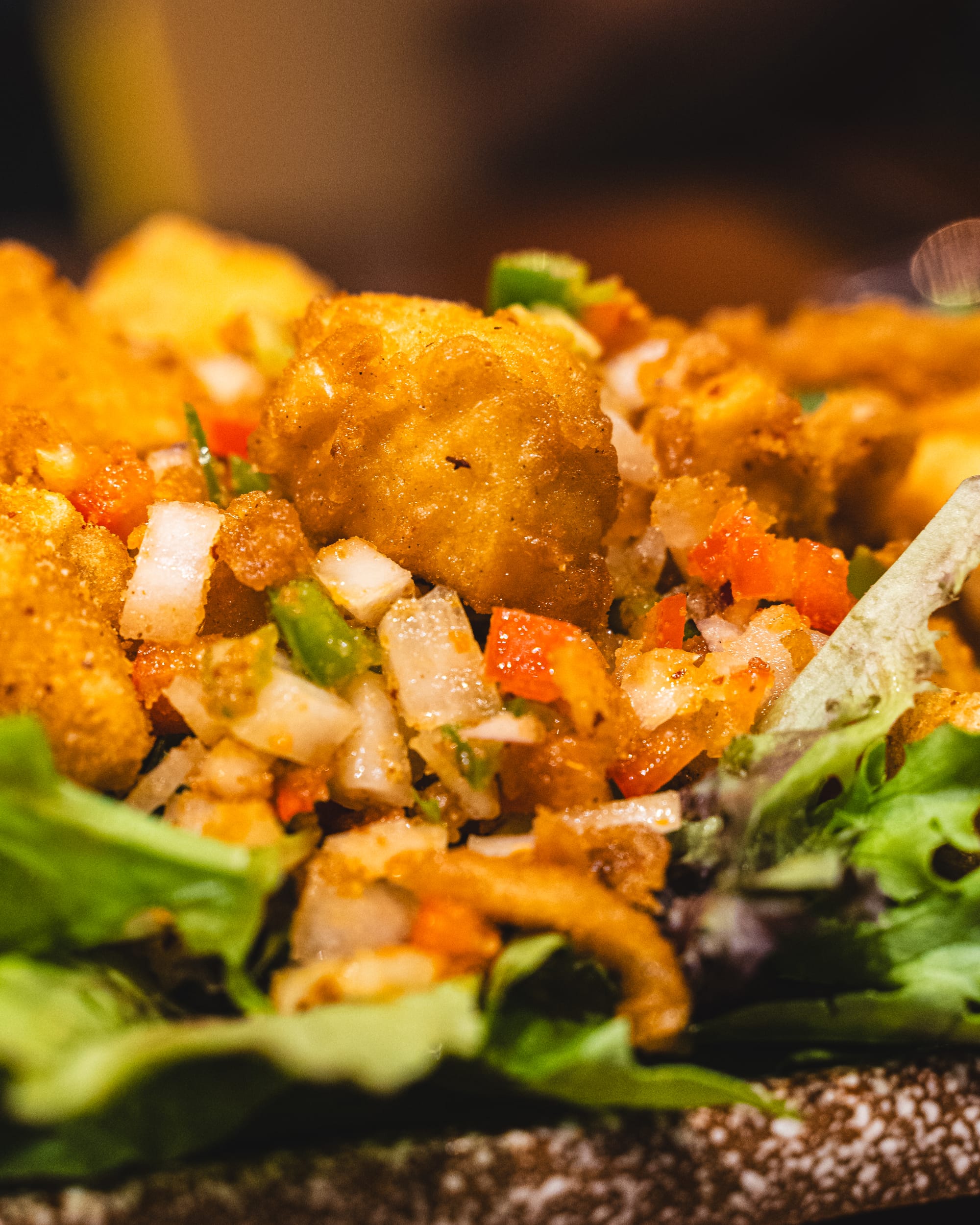 Close up of fried tofu