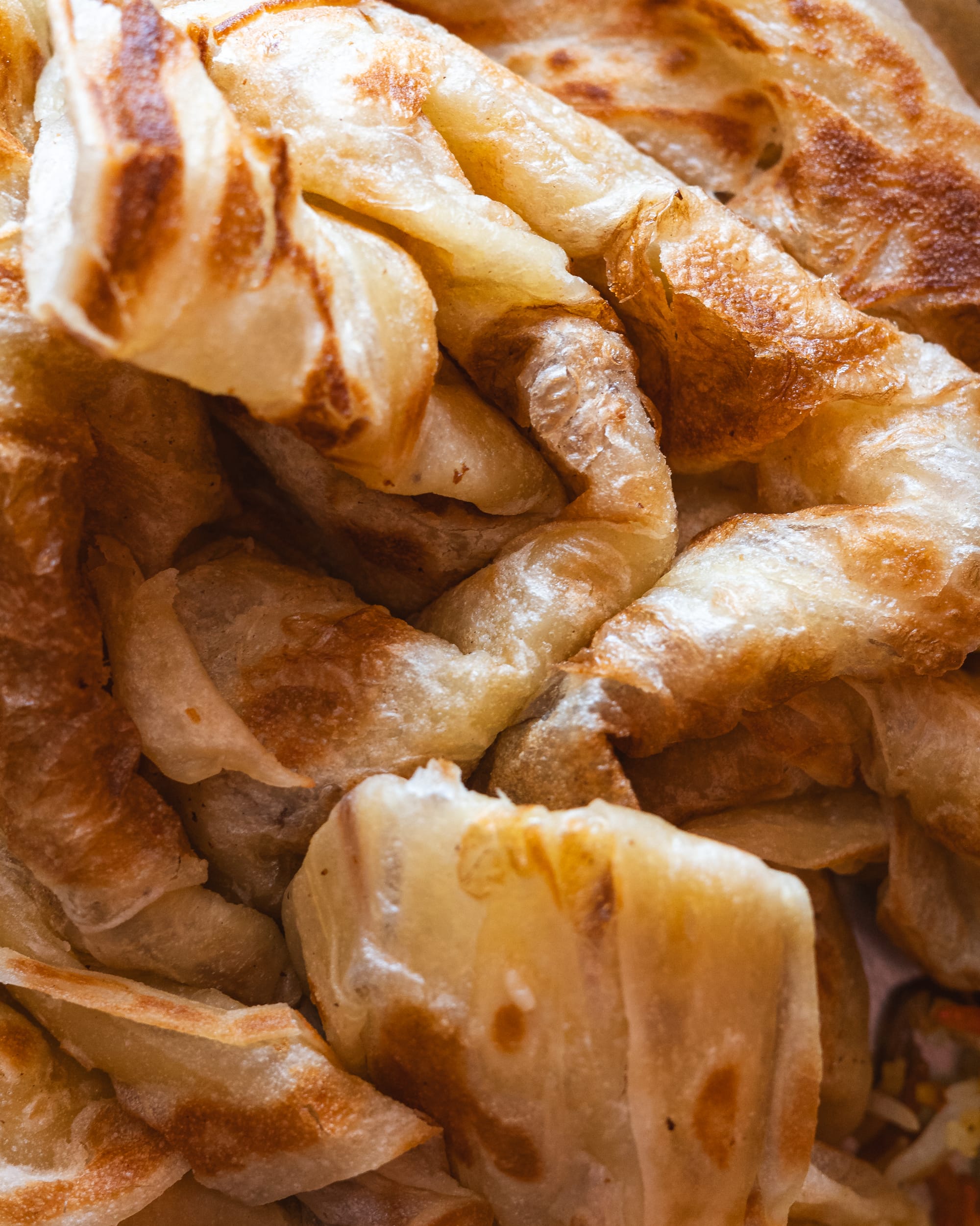 Close-up of flaky and layered roti bread