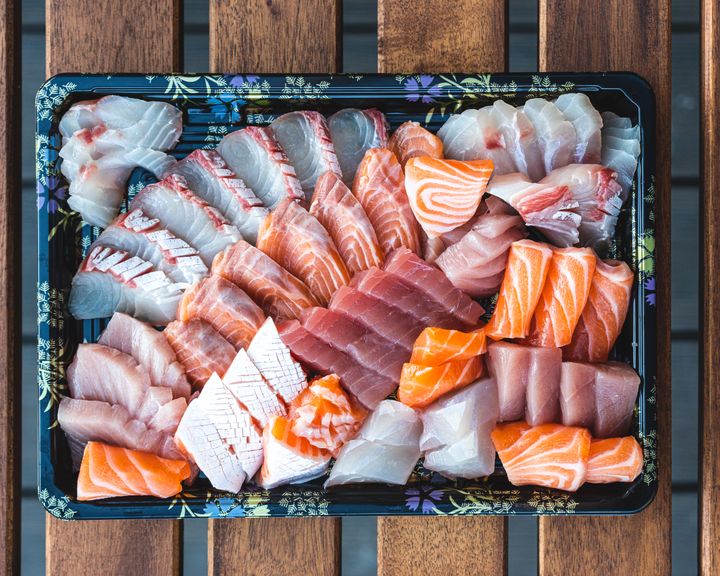 Close up of a colourful sashimi platter