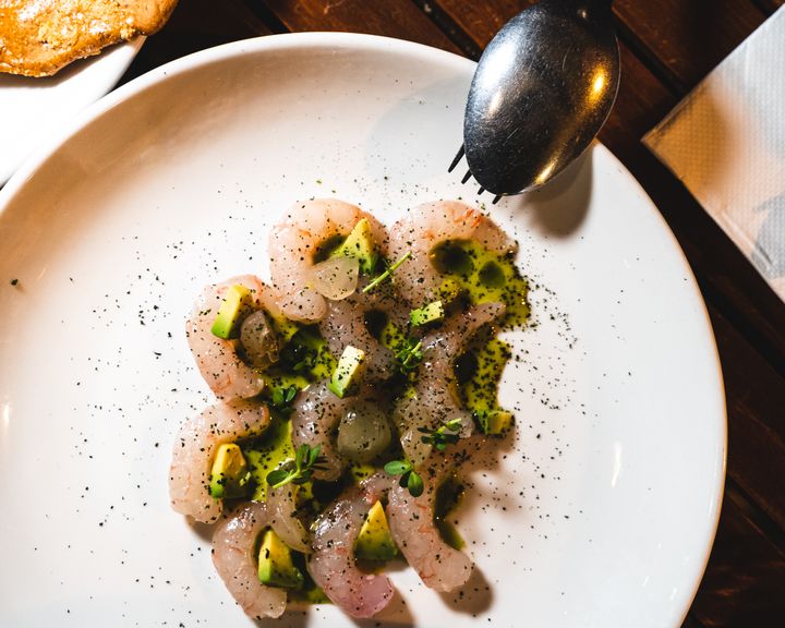 Overhead shot of ama ebi with longan and avocado