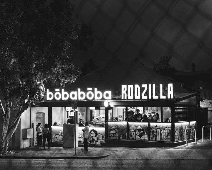 Black and white shot of bobaboba and Rodzilla store